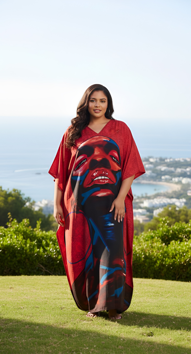 Kaftan Dress For Plus Size Women Tribal Printed Red Polyester