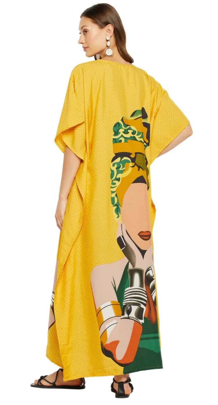 GypsieBlu Yellow Polyester Plus Size Kaftan for Women V-Neck 1X-3X - Pop Art Woman Graphic Print