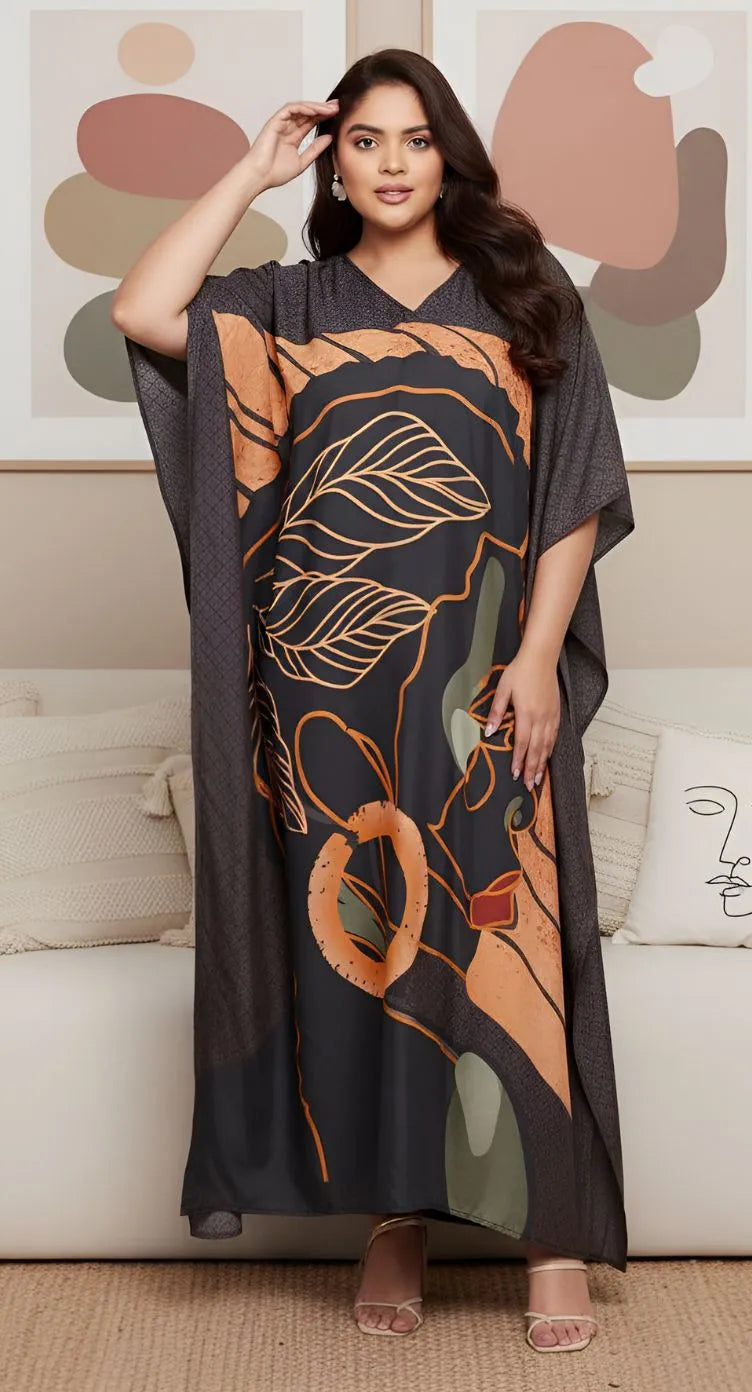 Charcoal grey plus size kaftan with abstract leaf and organic shape print, V-neck