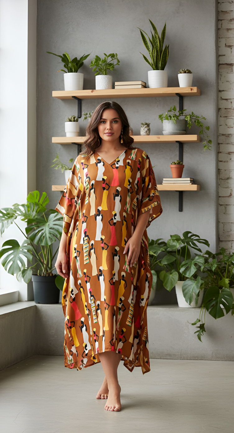 Brown Kaftan Plus Size Tribal Printed Polyester Dress For Women