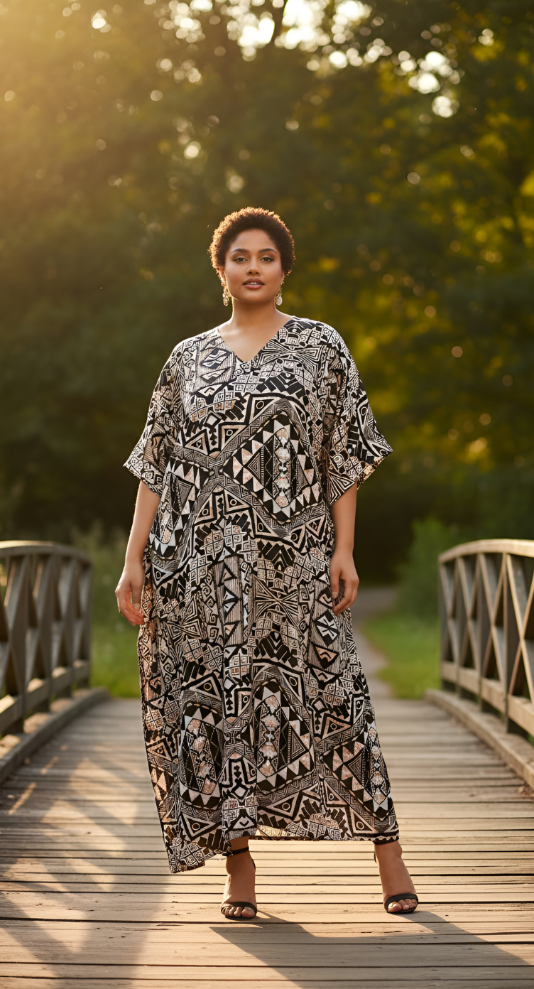 Kaftan Plus Size Women Dress Tribal Printed Black Polyester