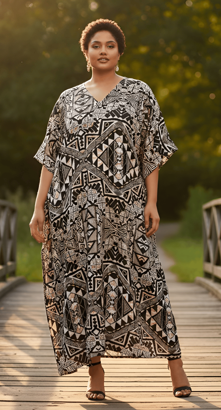 Black and white geometric tribal print plus size kaftan with V-neck and kimono sleeves
