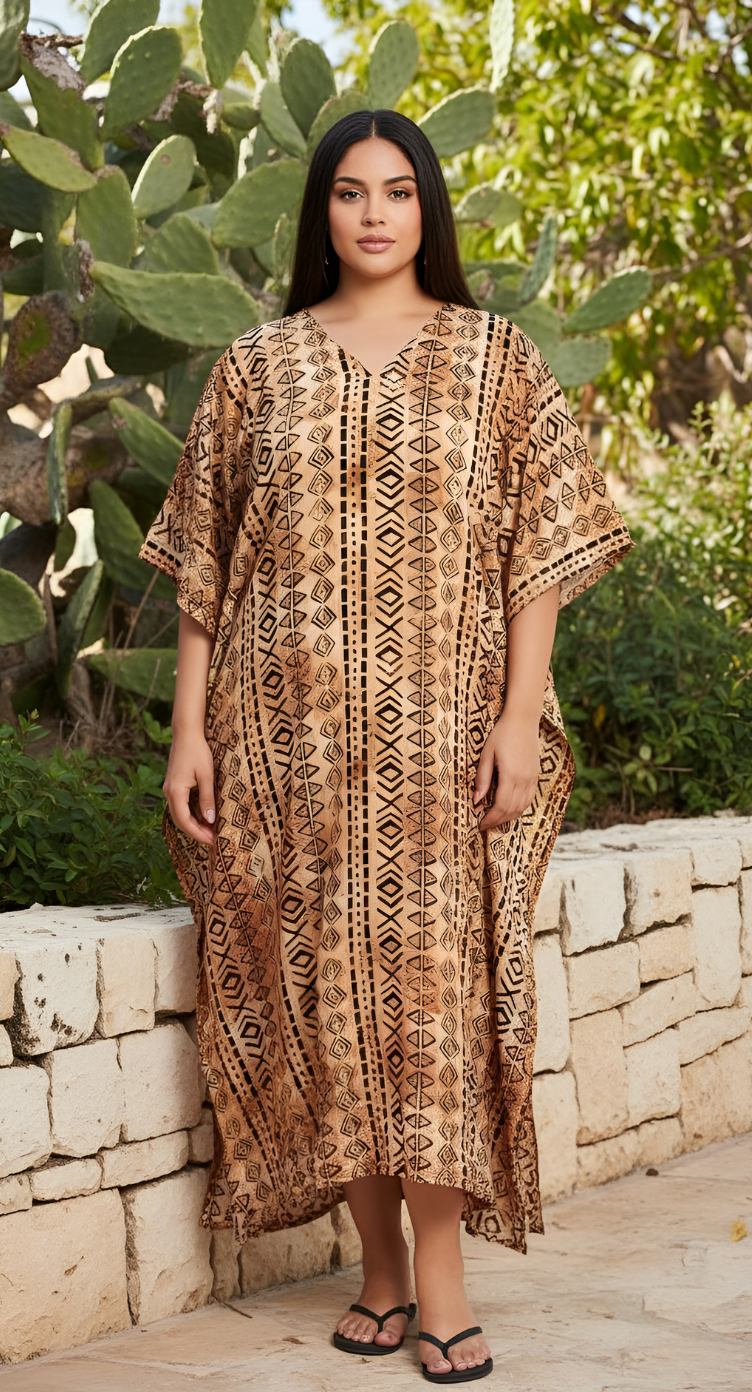 Light Brown Tribal Printed Polyester Kaftan For Plus Size Women