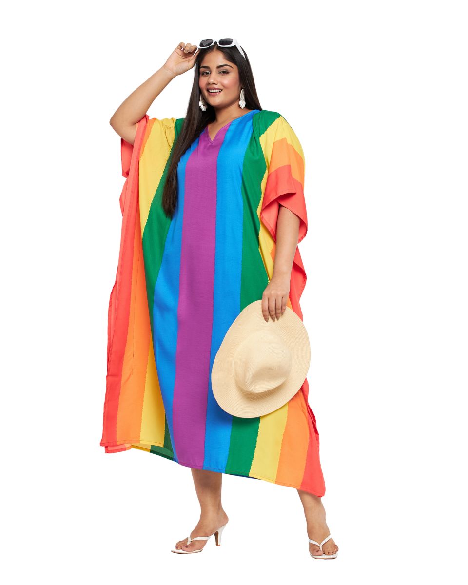 Rainbow Printed Multicolor Polyester Kaftan For Plus Size Women