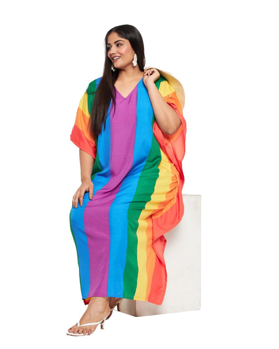 Rainbow Printed Multicolor Polyester Kaftan For Plus Size Women