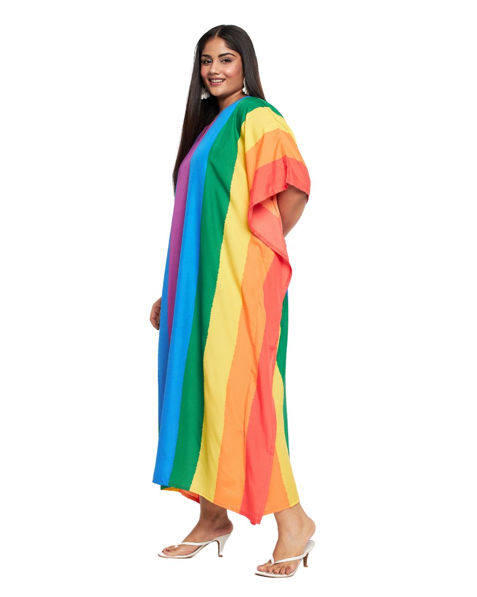 Rainbow Printed Multicolor Polyester Kaftan For Plus Size Women