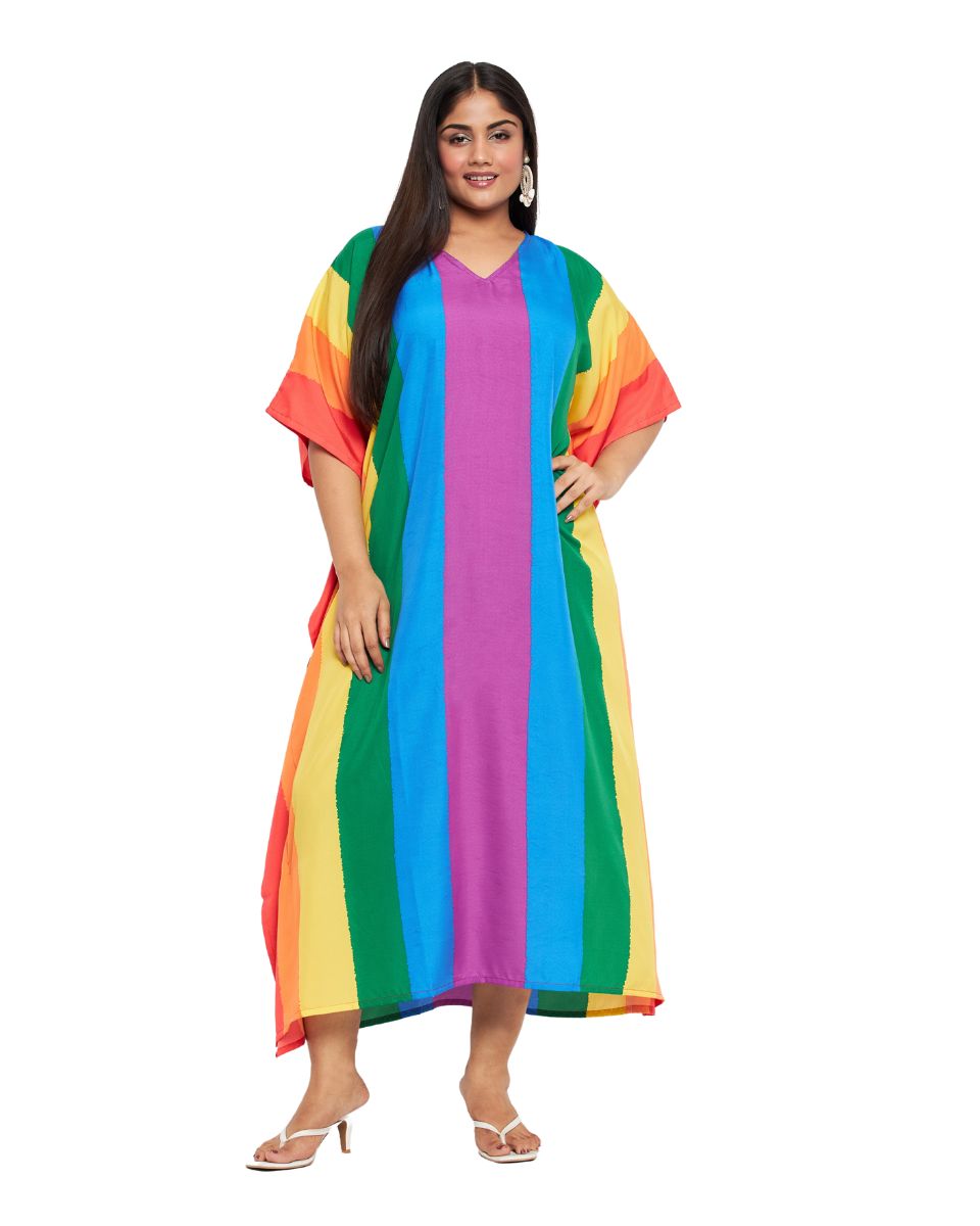 Rainbow Printed Multicolor Polyester Kaftan For Plus Size Women