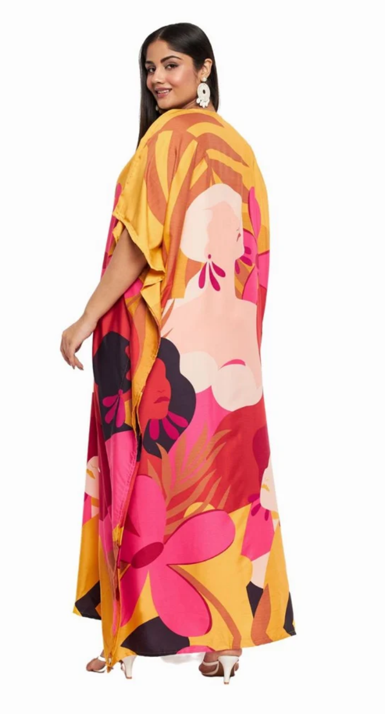 GypsieBlu Mustard Multicolor Polyester Plus Size Kaftan for Women V-Neck 1X-3X - Tropical Floral Woman Portrait Print