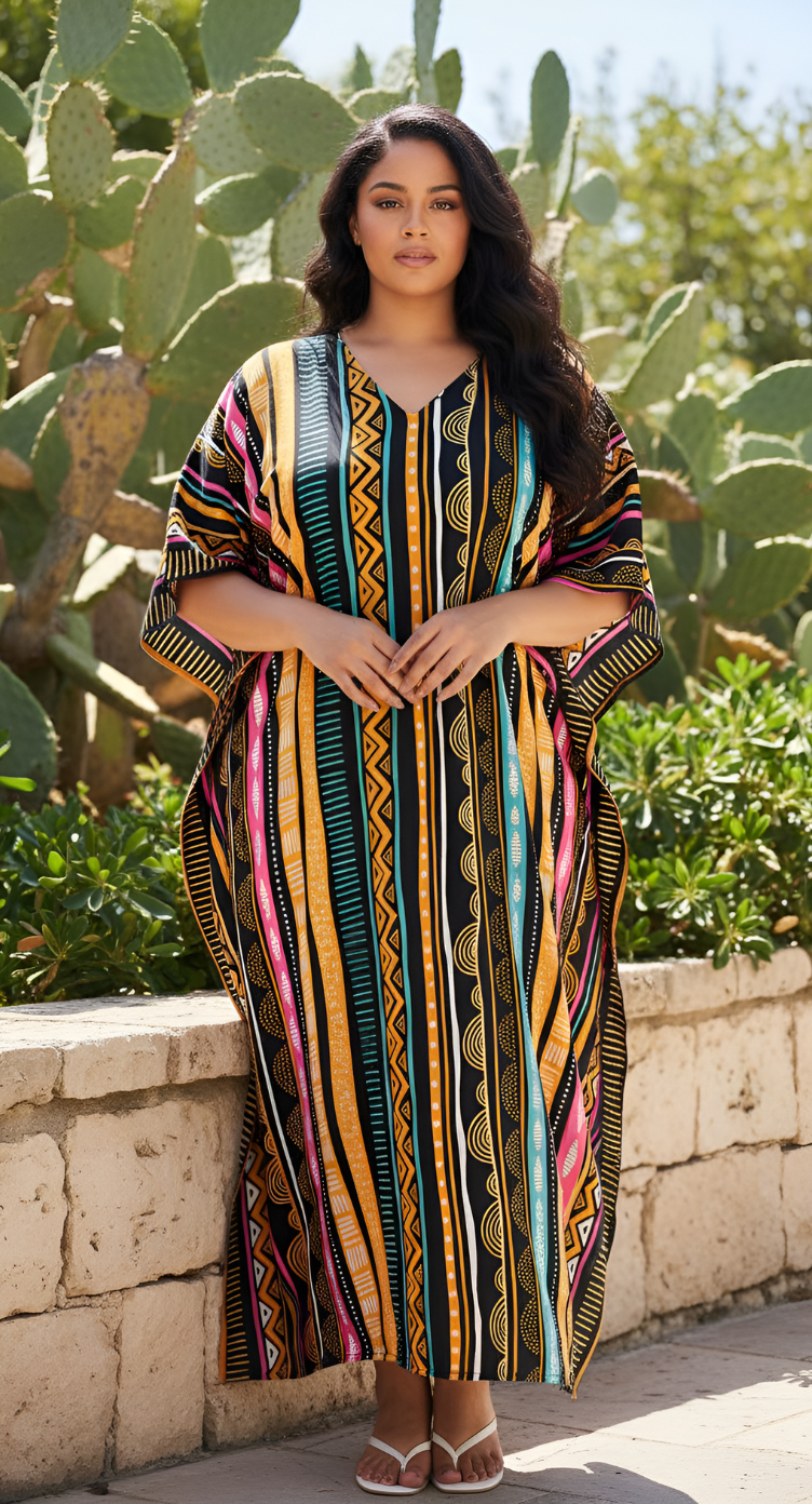 Tribal Printed Multicolor Polyester Kaftan For Plus Size Women