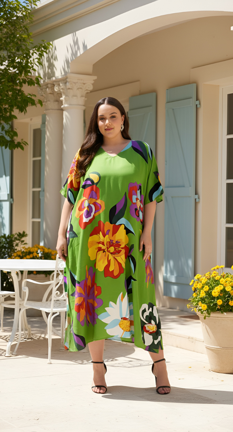 Gypsie Blu Green Floral Plus Size Kaftan Dress for Women