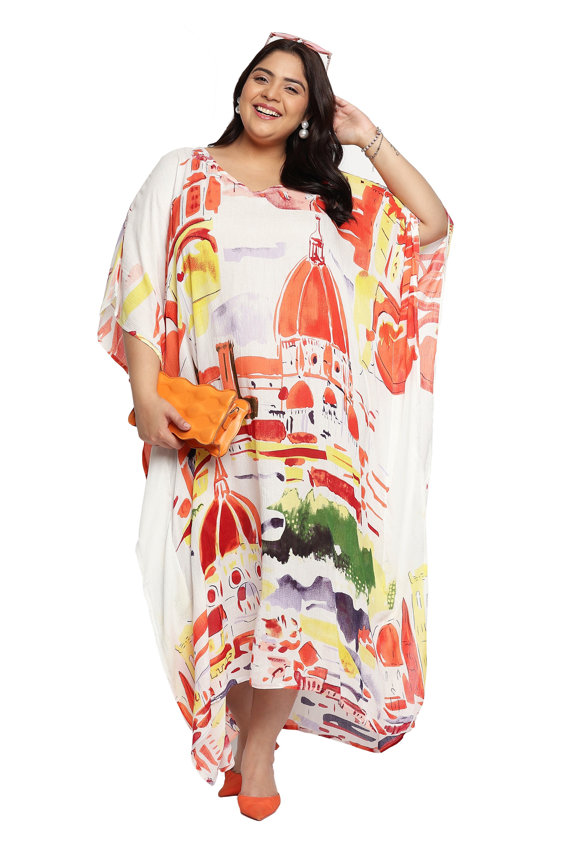 Abstract Orange Rayon Plus Size Kaftan For Women