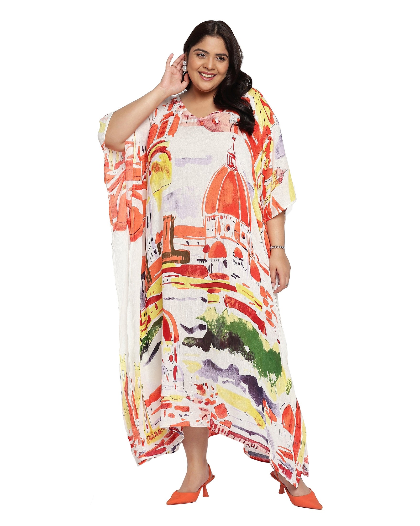 Abstract Orange Rayon Plus Size Kaftan For Women