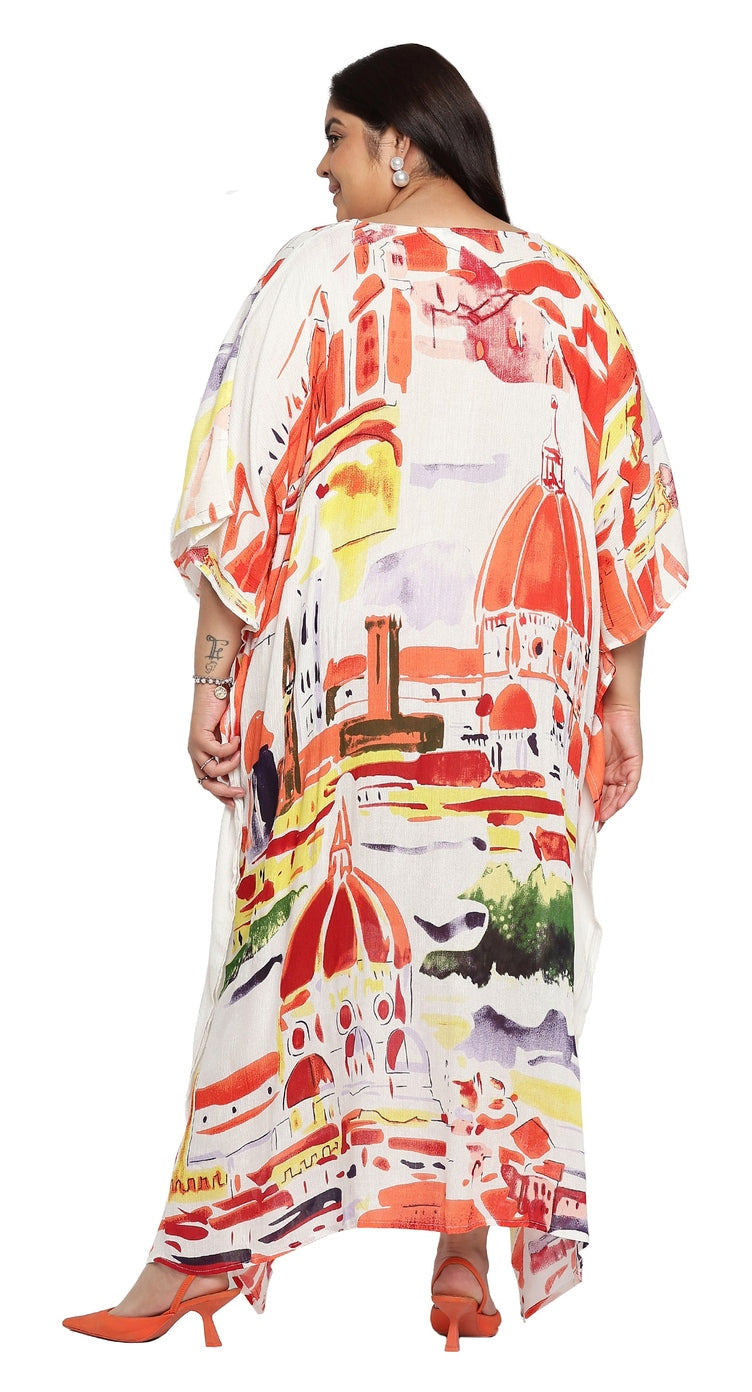 Abstract Orange Rayon Plus Size Kaftan For Women - SKU SG152-9005 - Gypsie Blu