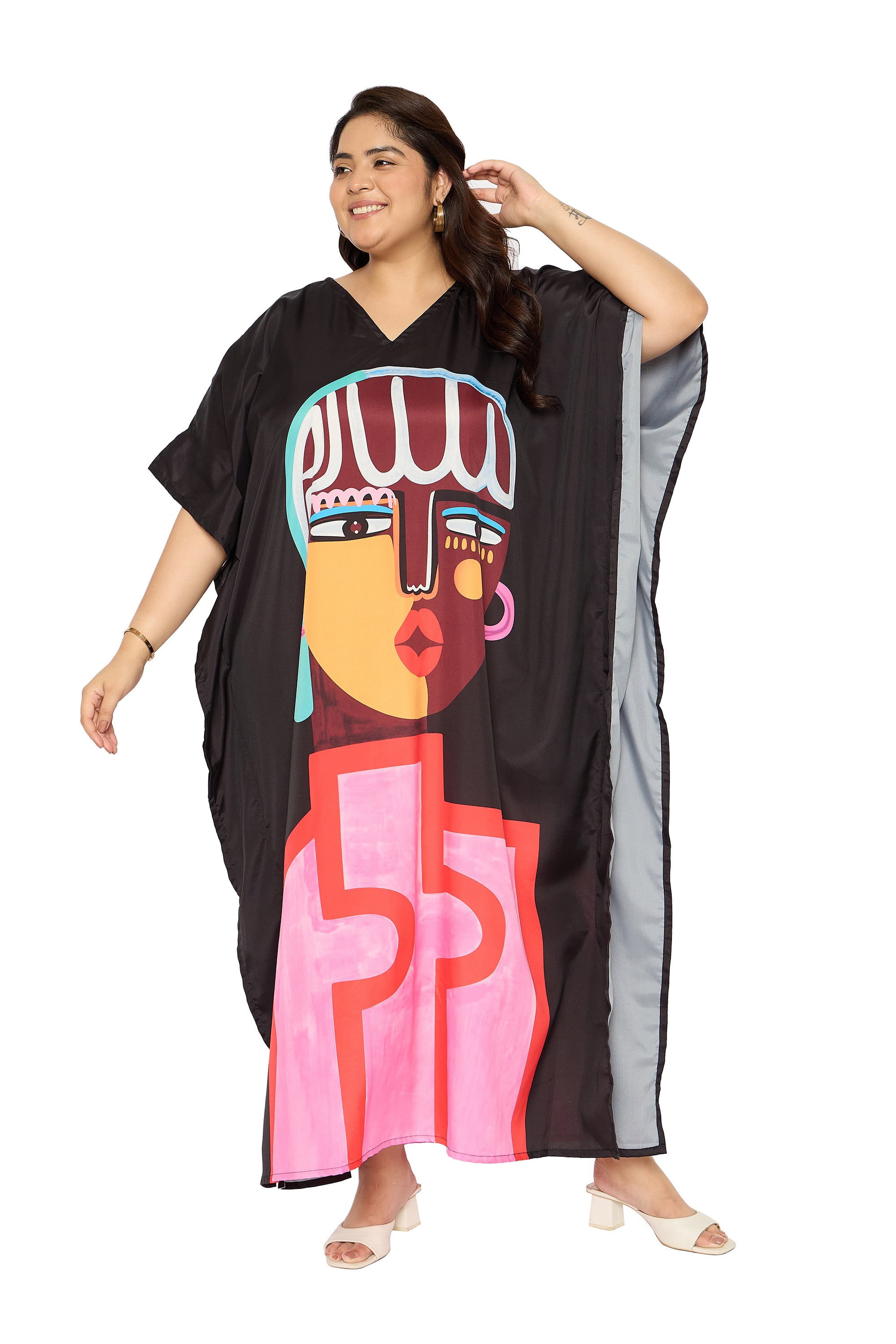 Lady Tribal Black & Pink Polyester Plus Size Kaftan for Women