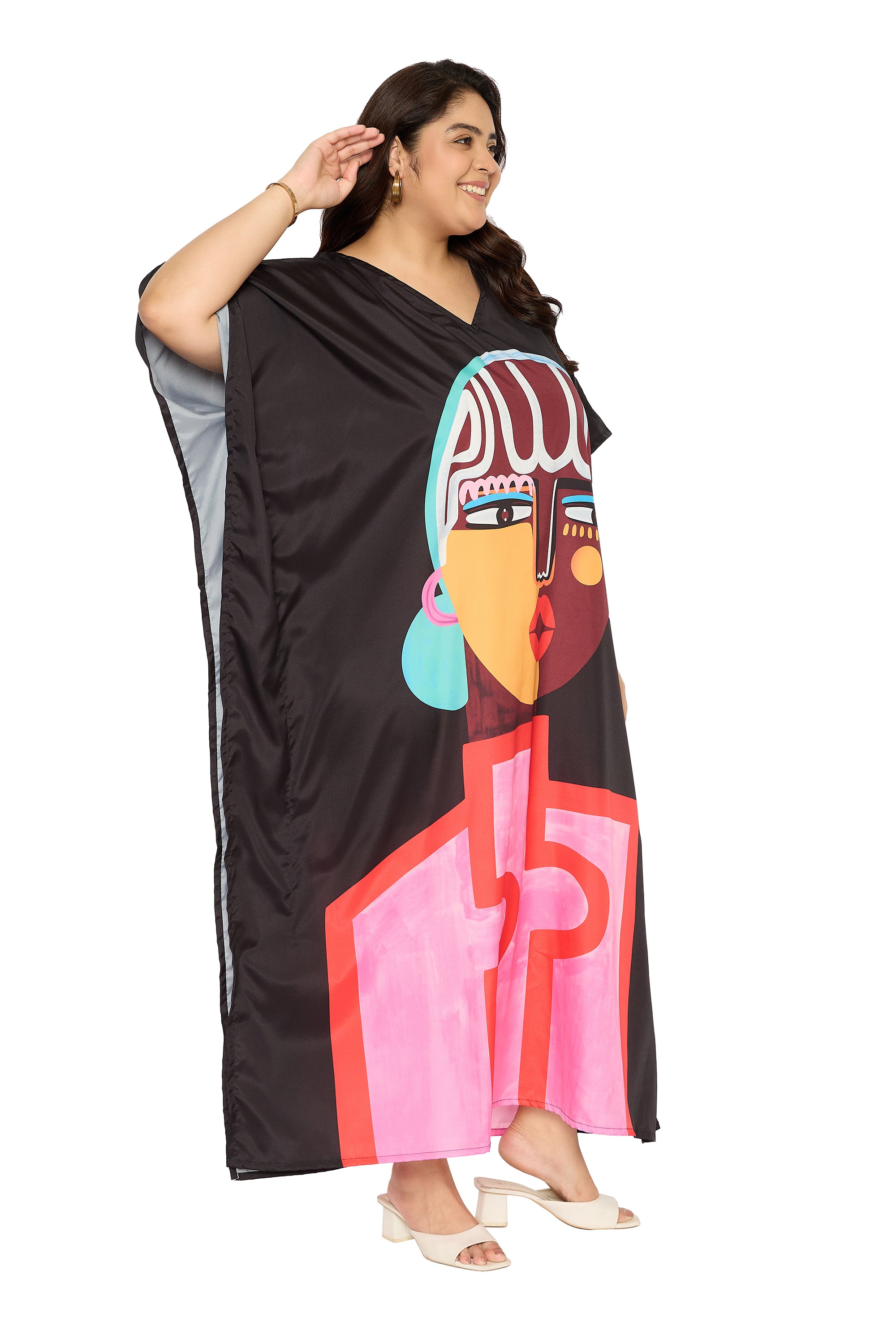 Lady Tribal Black & Pink Polyester Plus Size Kaftan for Women