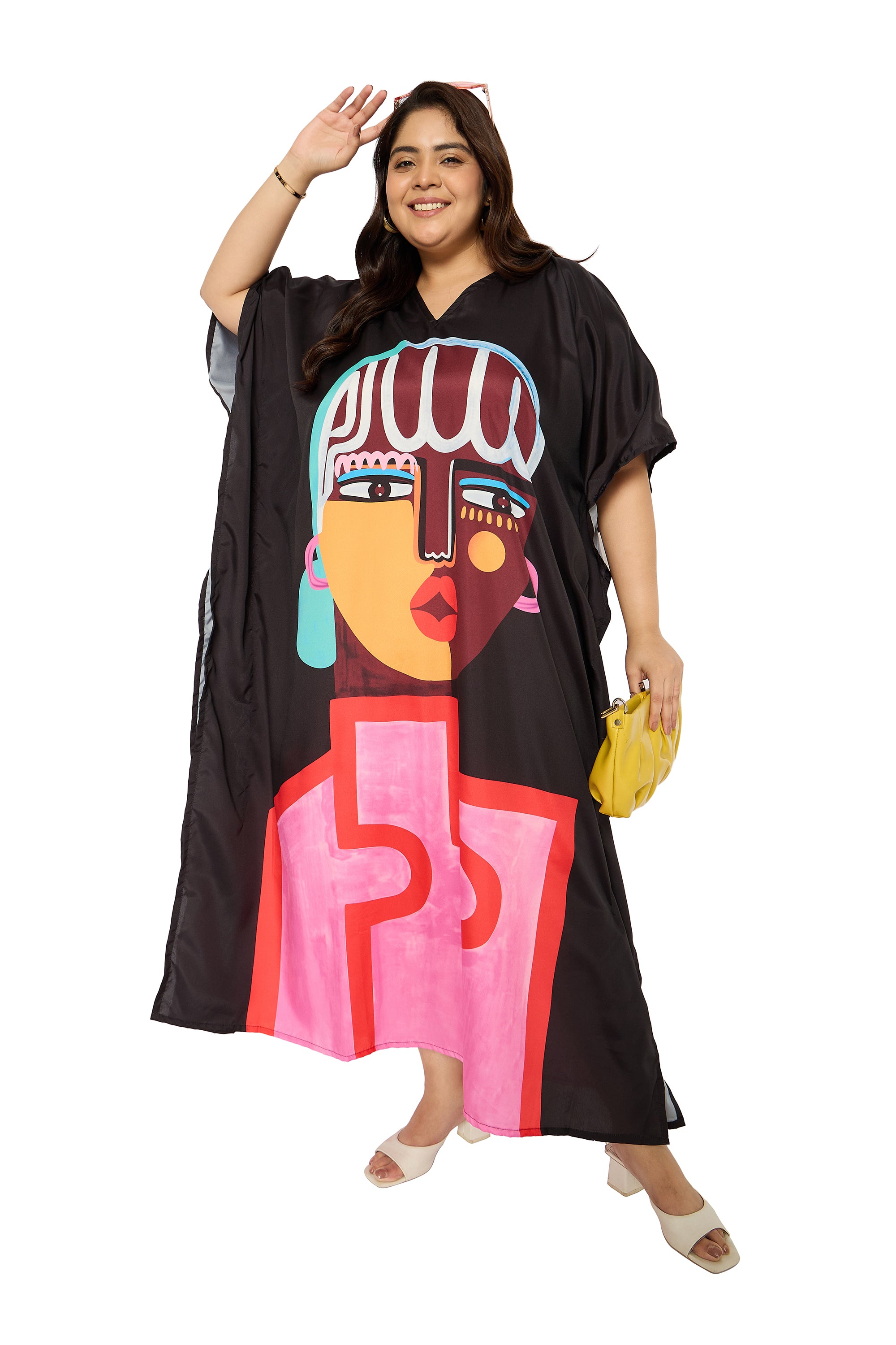 Lady Tribal Black & Pink Polyester Plus Size Kaftan for Women