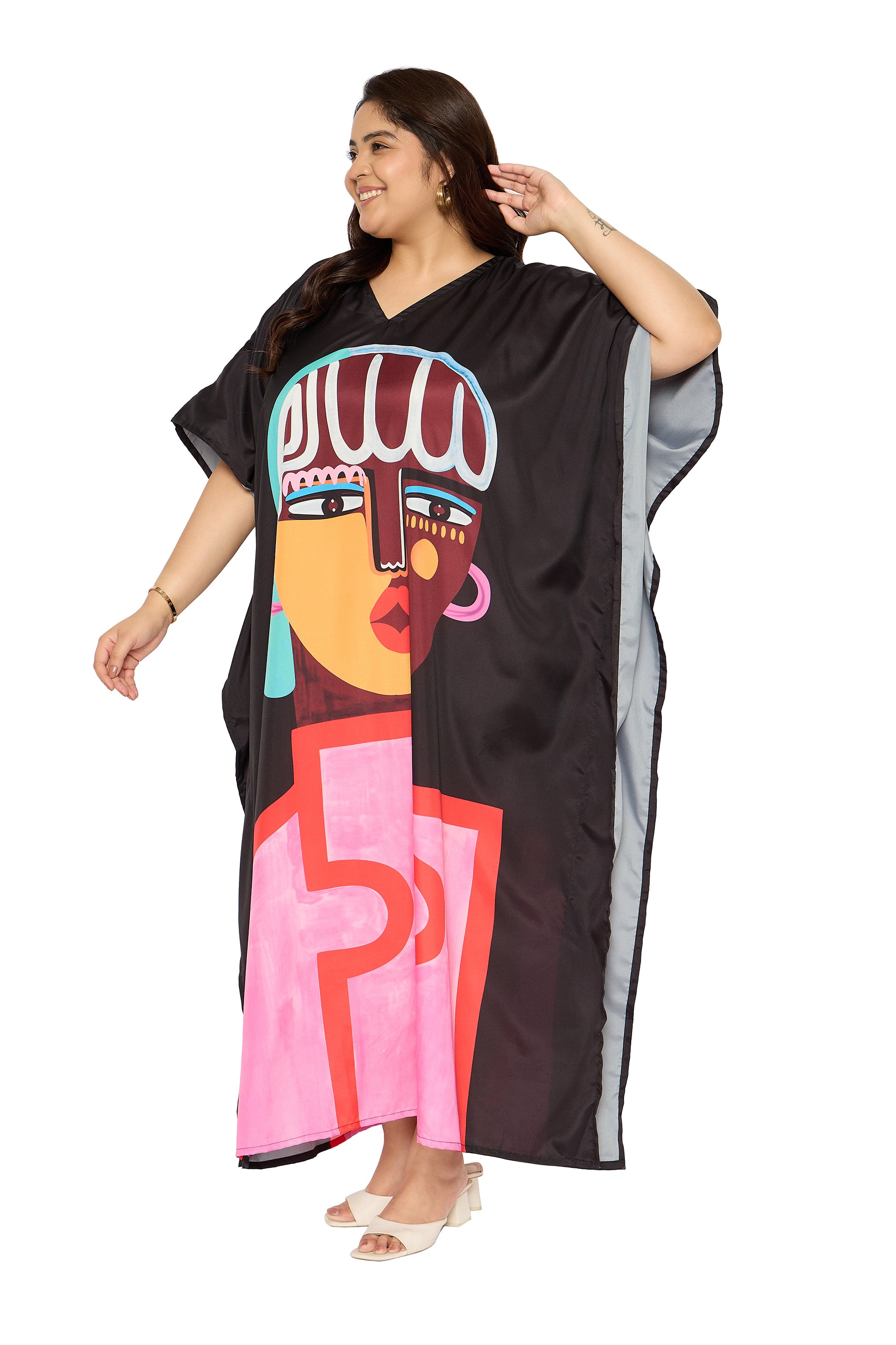 Lady Tribal Black & Pink Polyester Plus Size Kaftan for Women