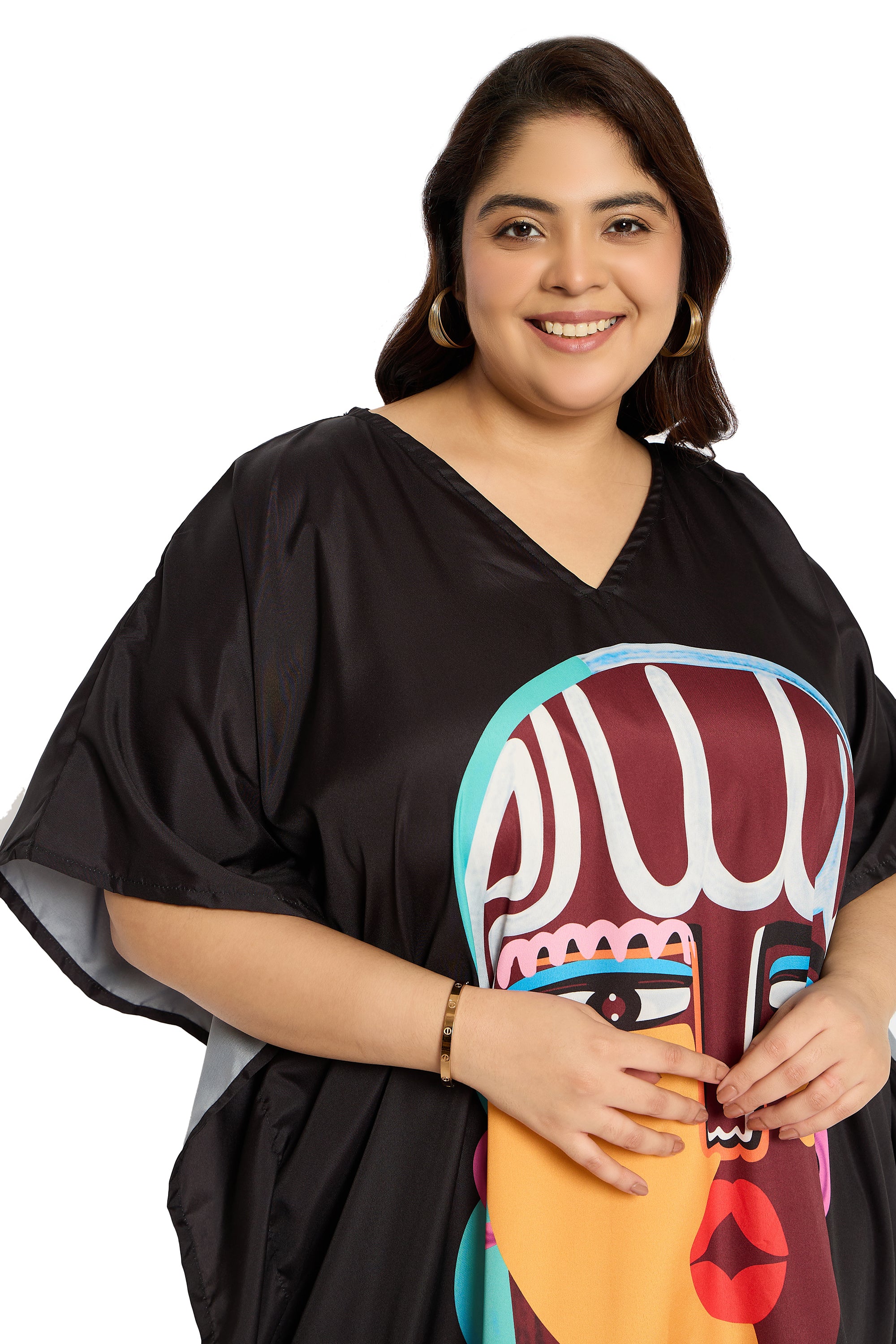 Lady Tribal Black & Pink Polyester Plus Size Kaftan for Women