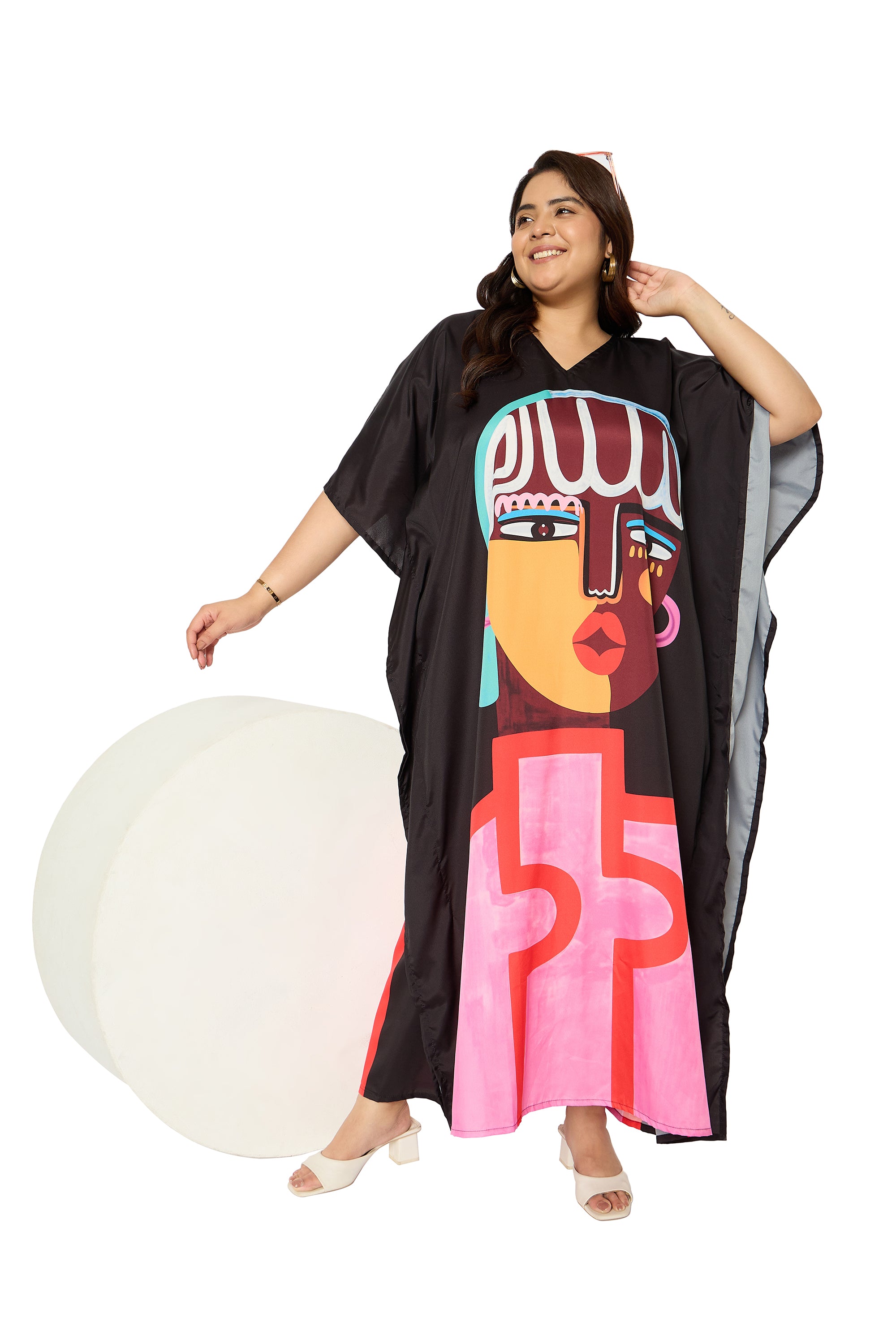 Lady Tribal Black & Pink Polyester Plus Size Kaftan for Women