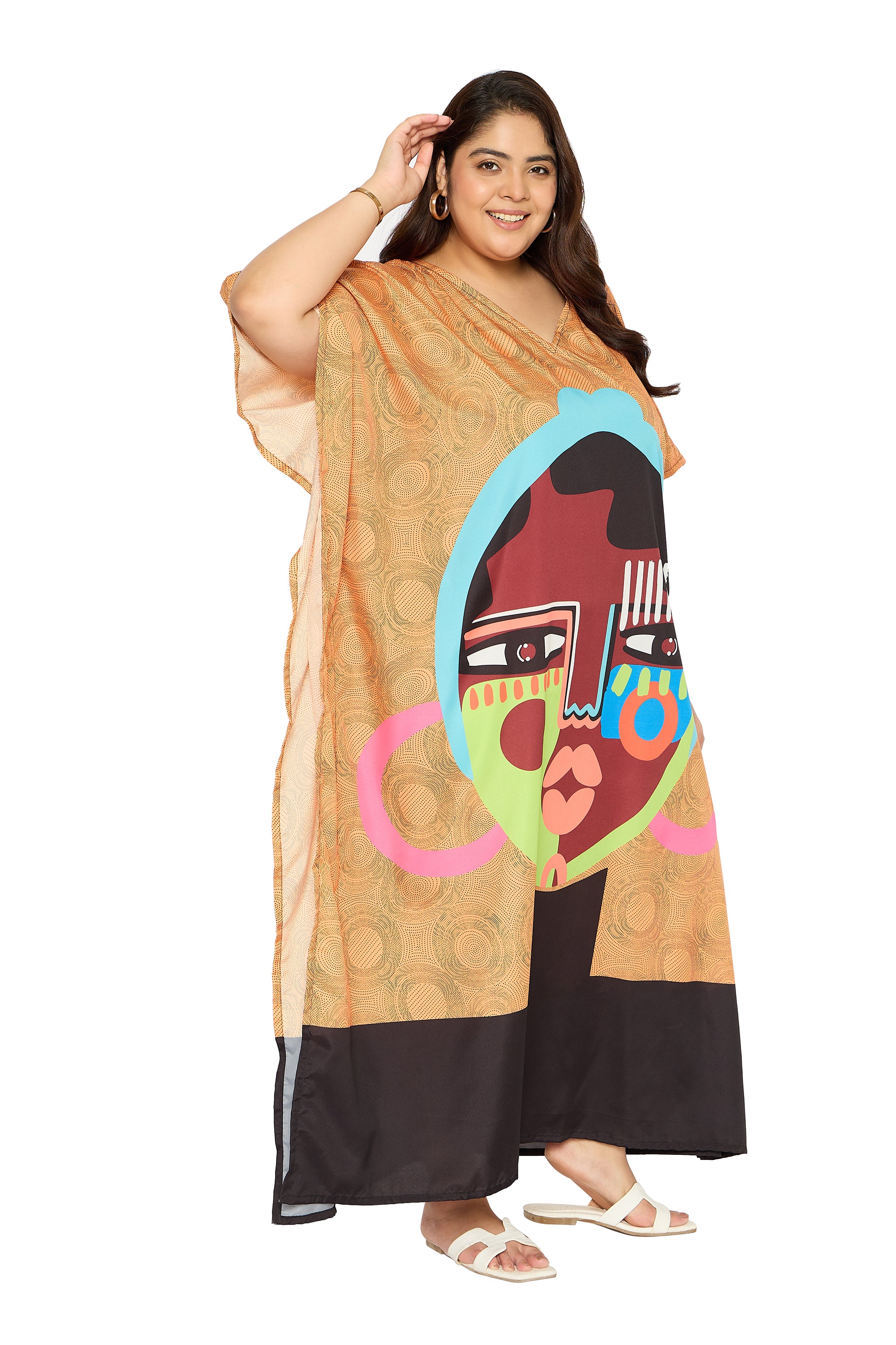 Lady Tribal Brown & Black Polyester Plus Size V Neck Kaftan for Women