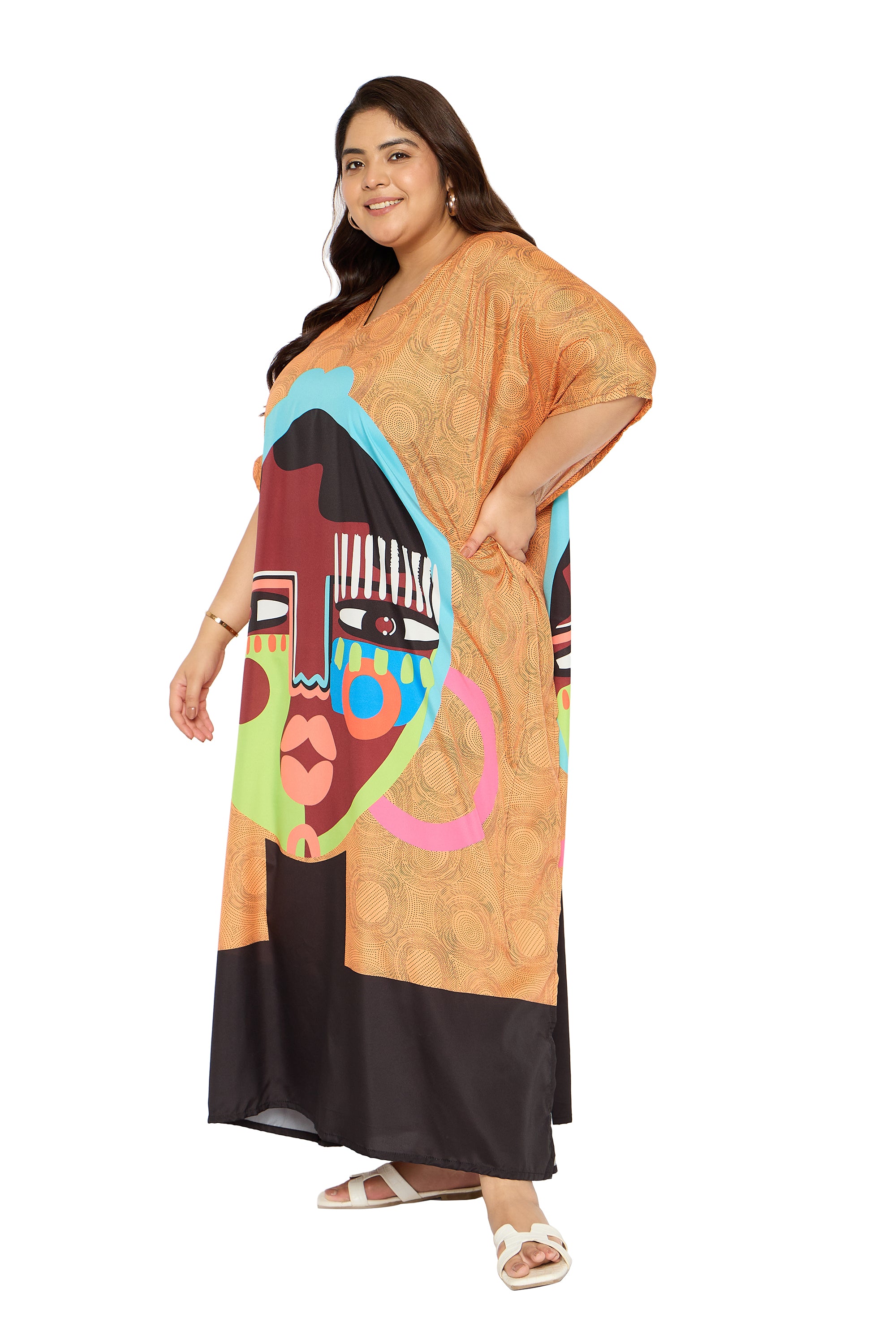 Lady Tribal Brown & Black Polyester Plus Size V Neck Kaftan for Women