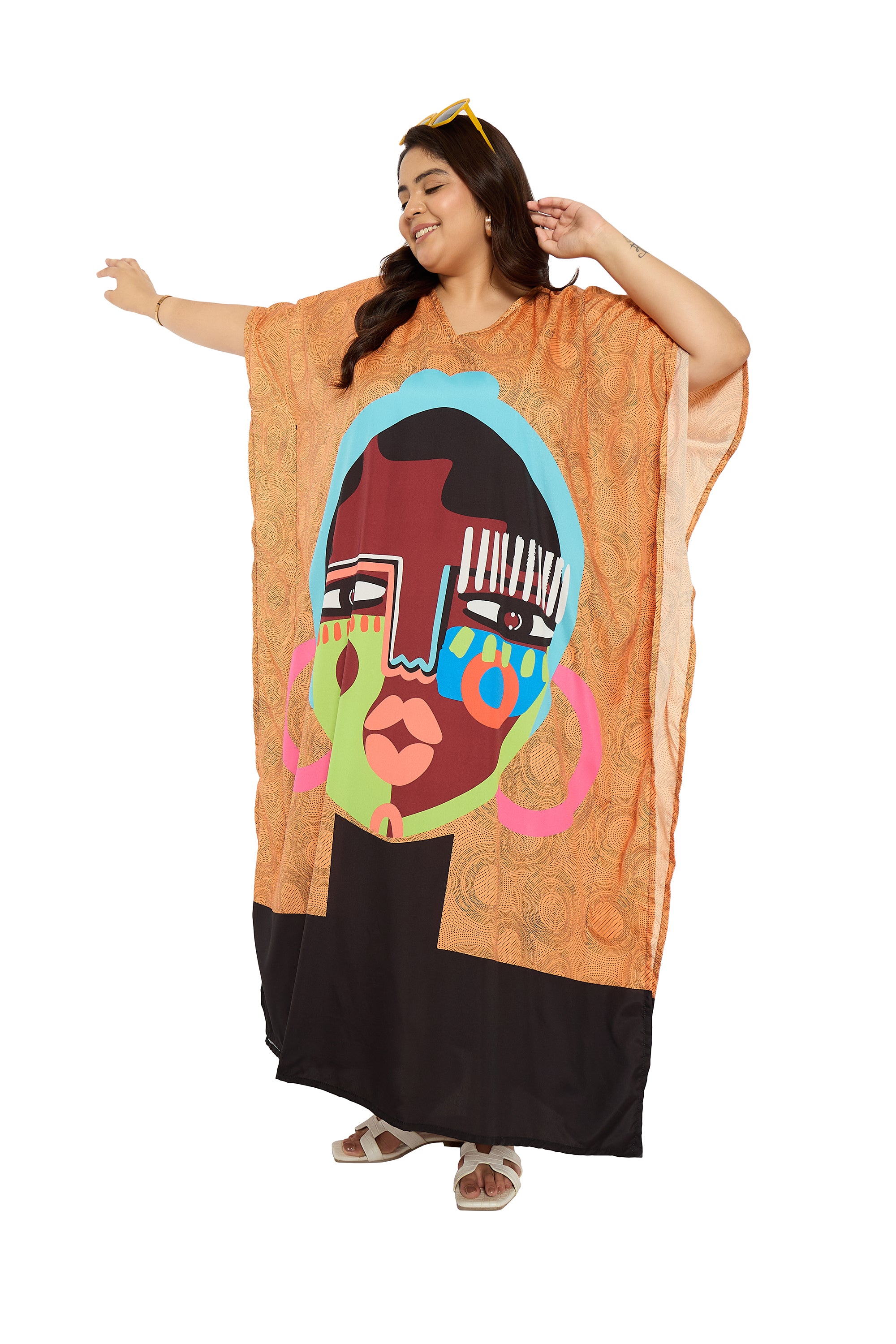 Lady Tribal Brown & Black Polyester Plus Size V Neck Kaftan for Women