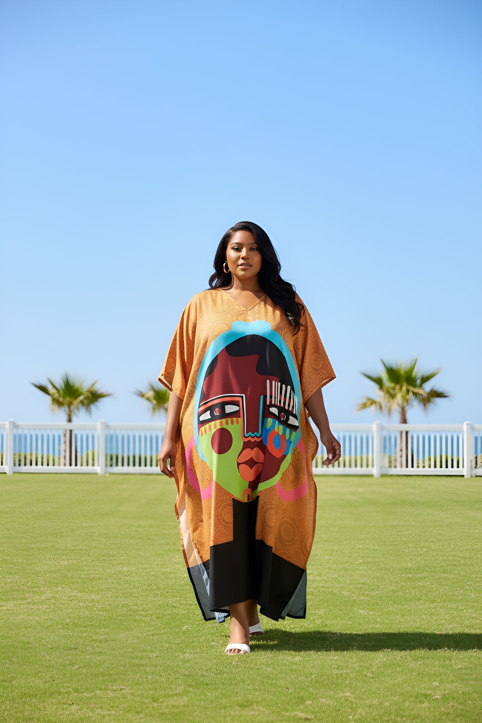 Lady Tribal Brown & Black Polyester Plus Size V Neck Kaftan for Women