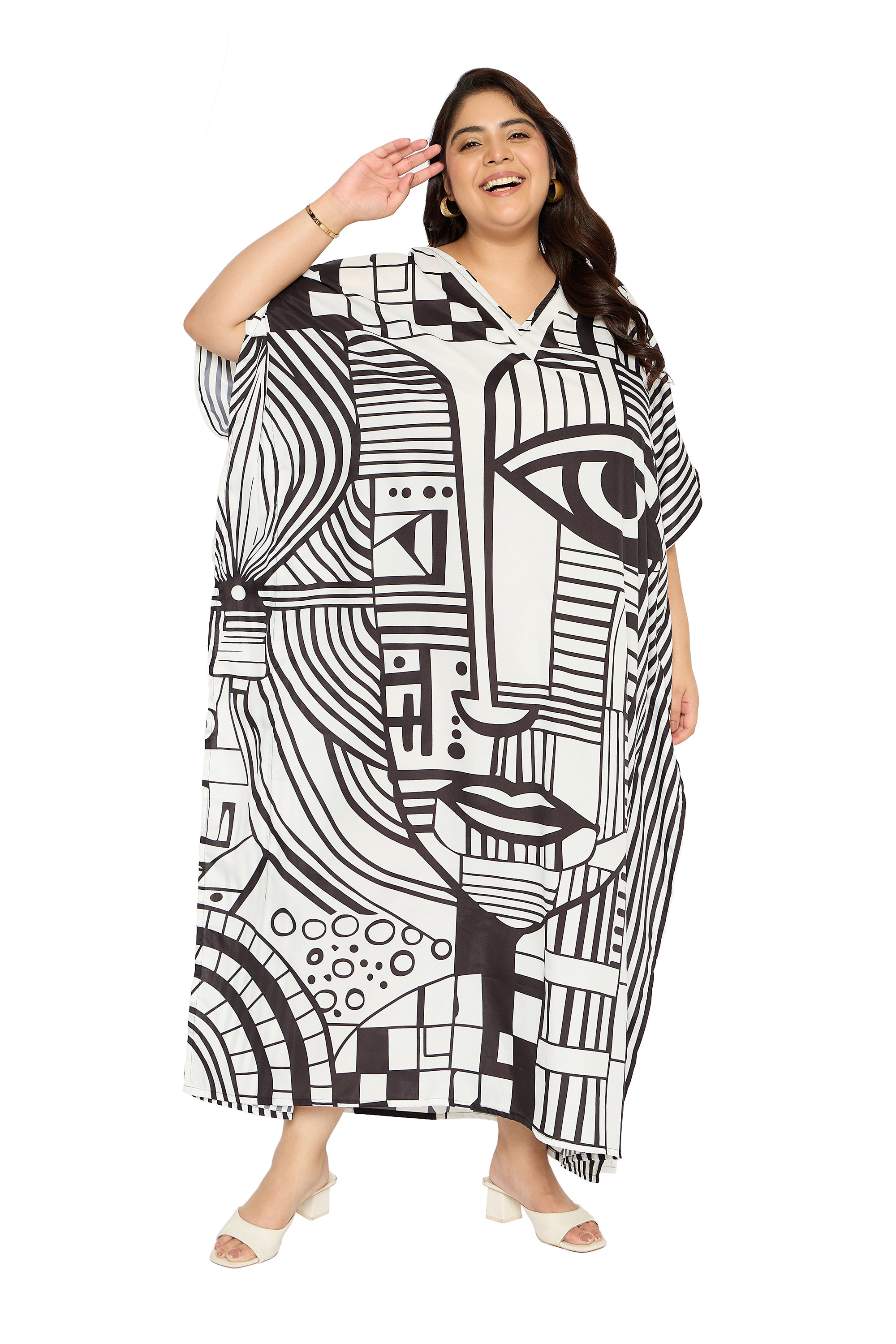 Tribal Black & White Polyester Kaftan for Women