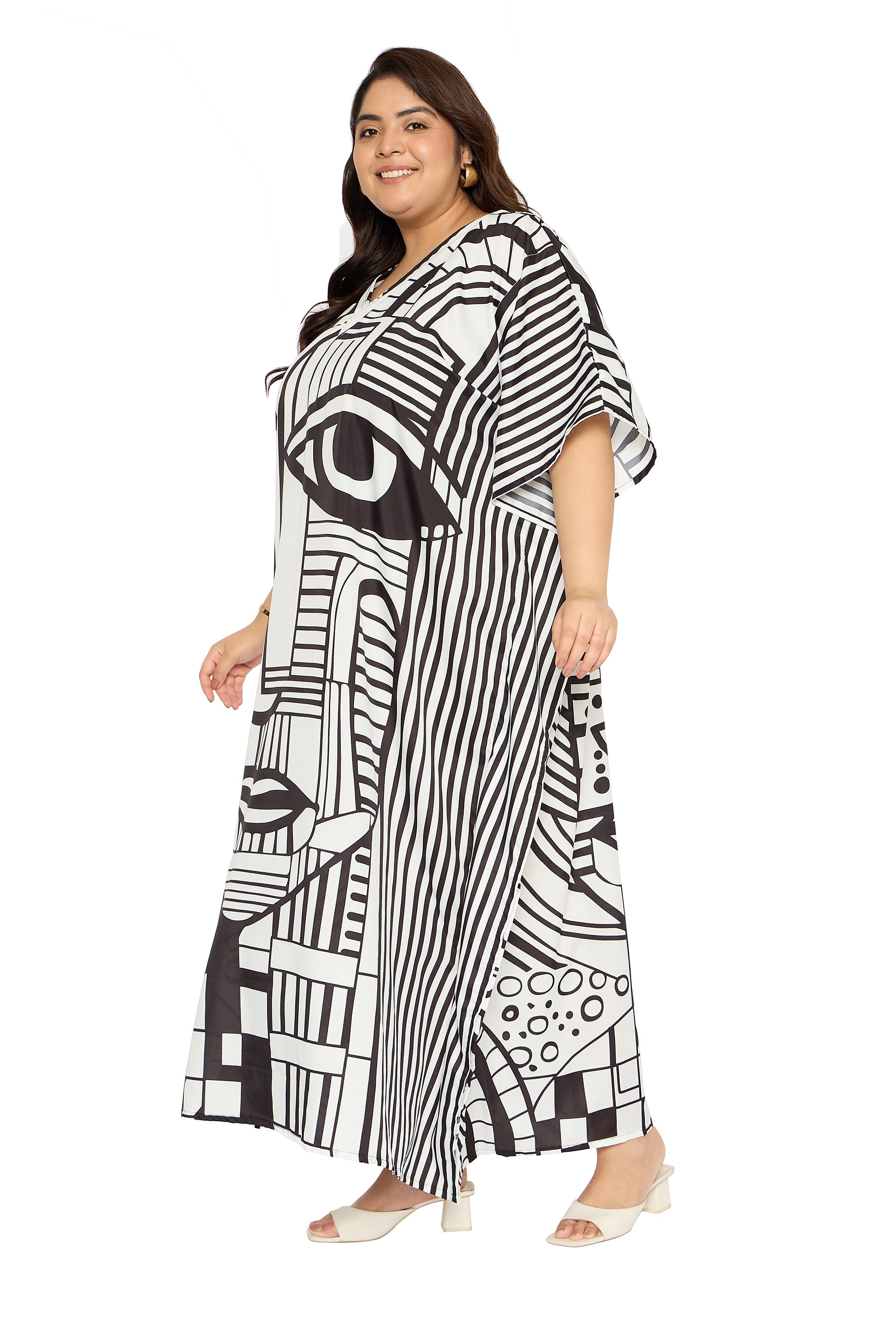 Tribal Black & White Polyester Kaftan for Women