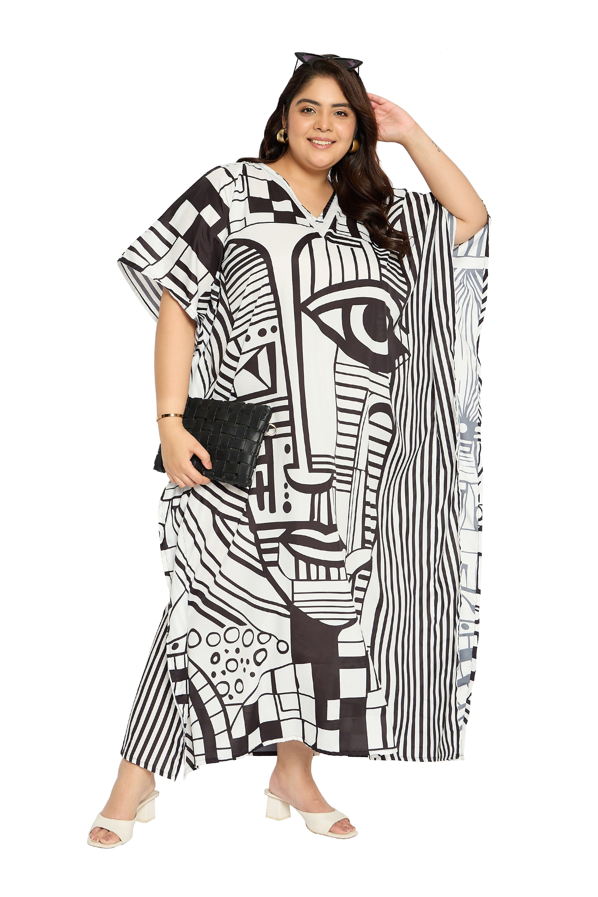 Tribal Black & White Polyester Kaftan for Women