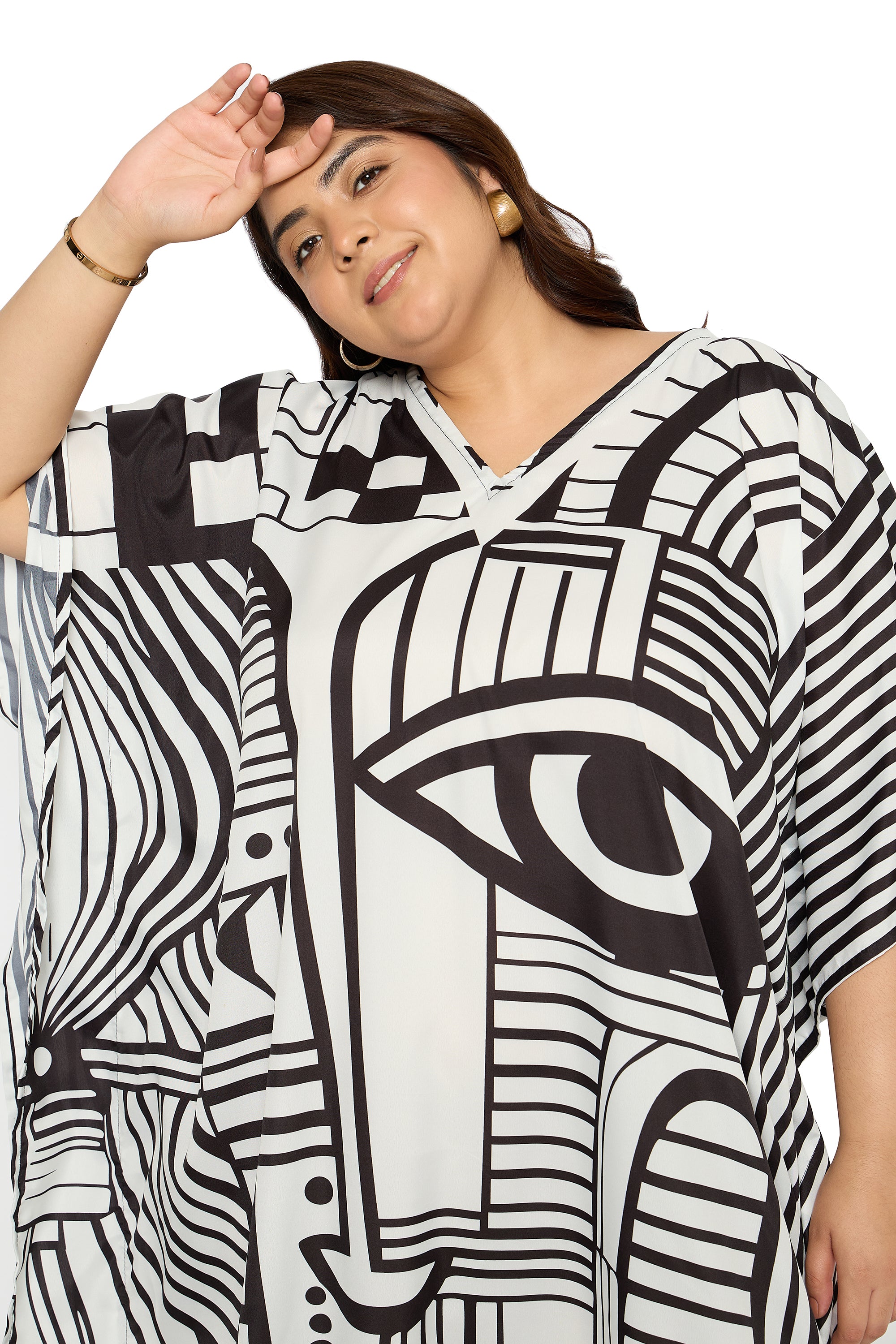 Tribal Black & White Polyester Kaftan for Women