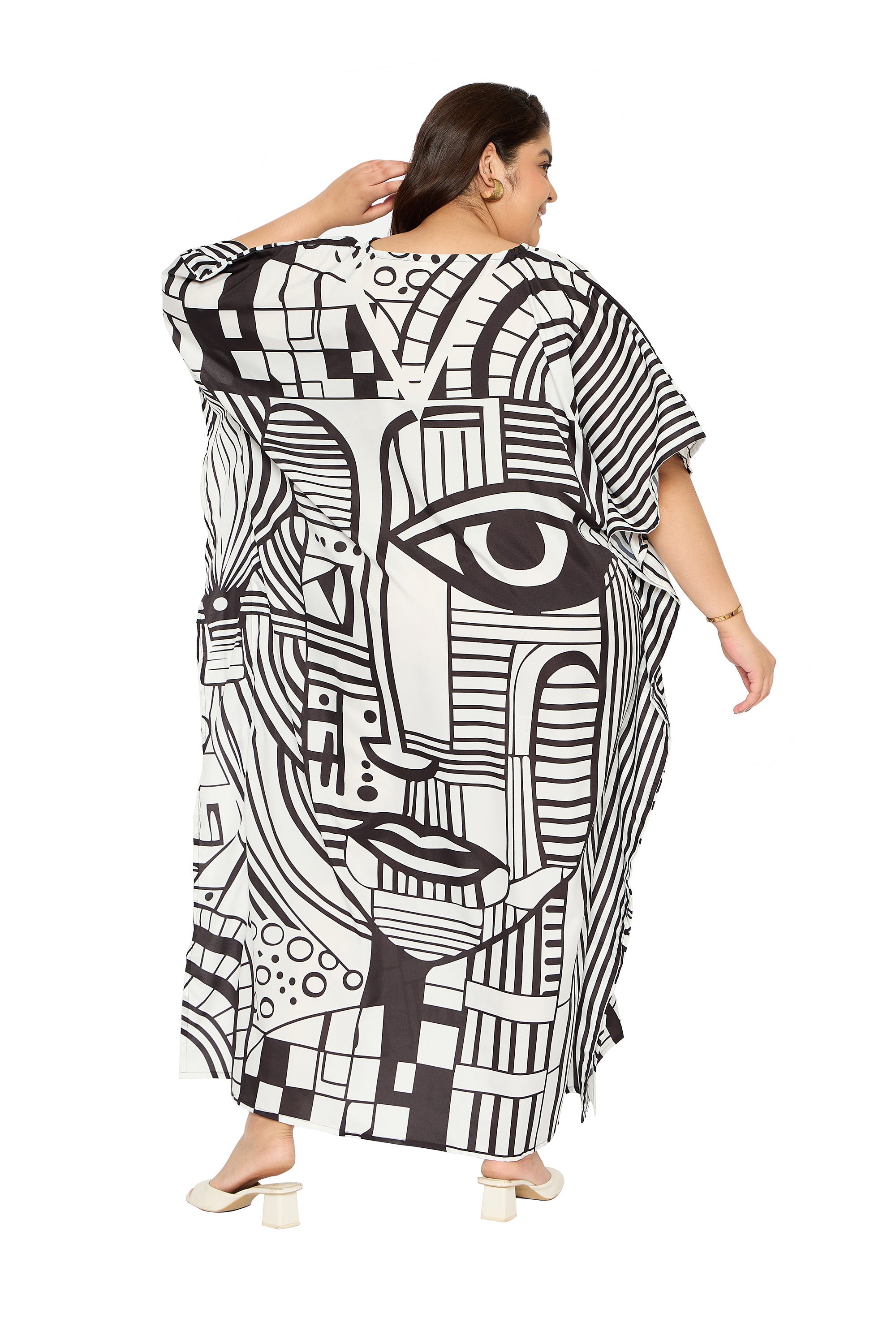 Tribal Black & White Polyester Kaftan for Women