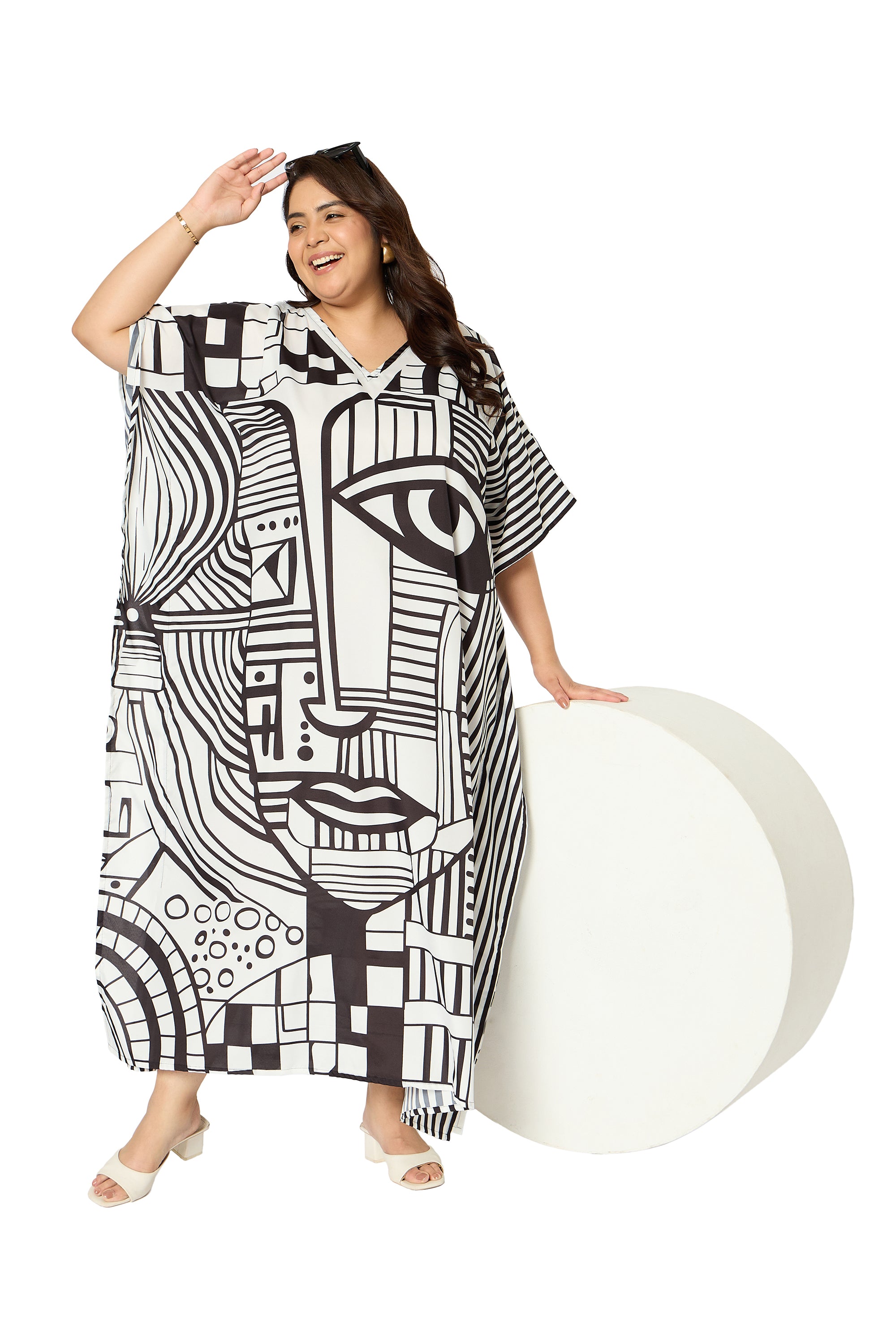 Tribal Black & White Polyester Kaftan for Women