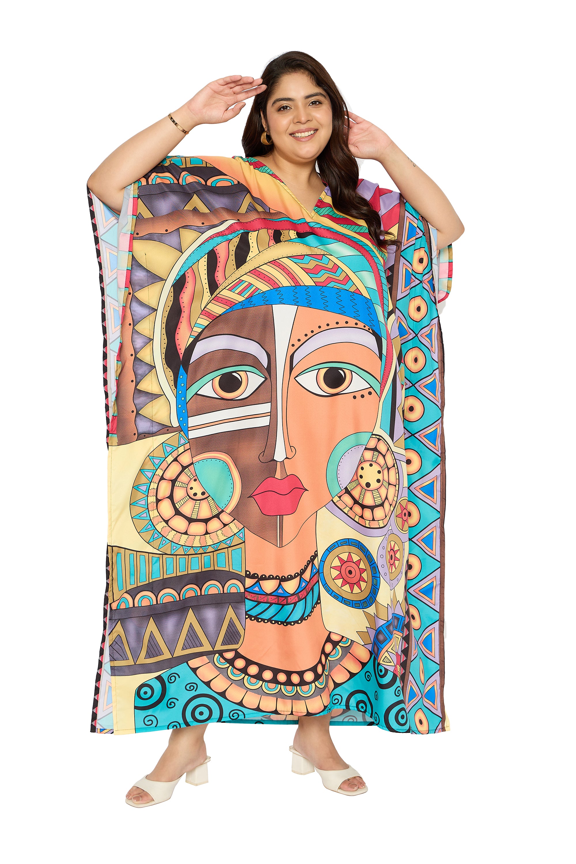 Tribal Multicolor Polyester Plus Size Loungewear Kaftan for Women