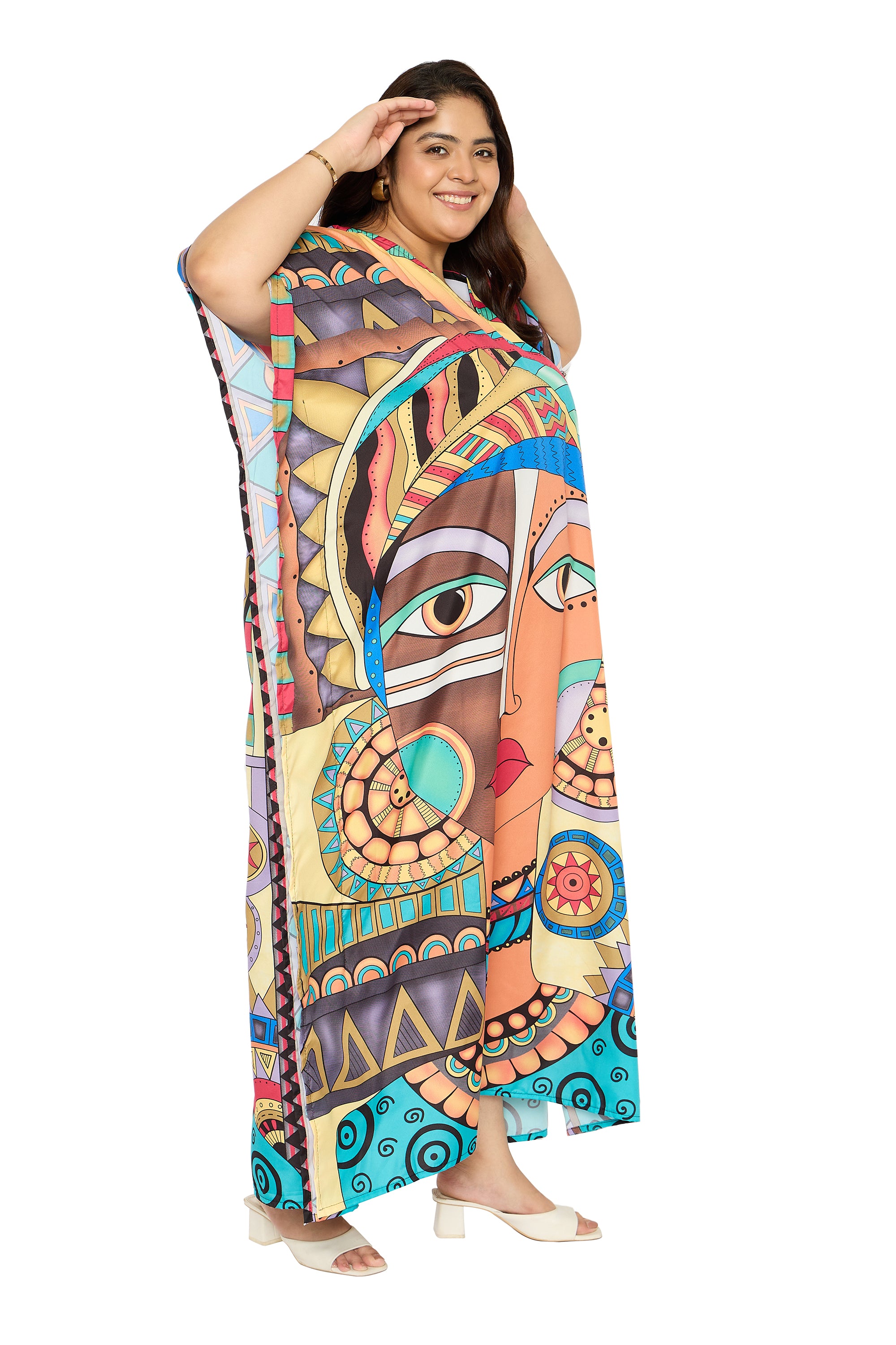 Tribal Multicolor Polyester Plus Size Loungewear Kaftan for Women