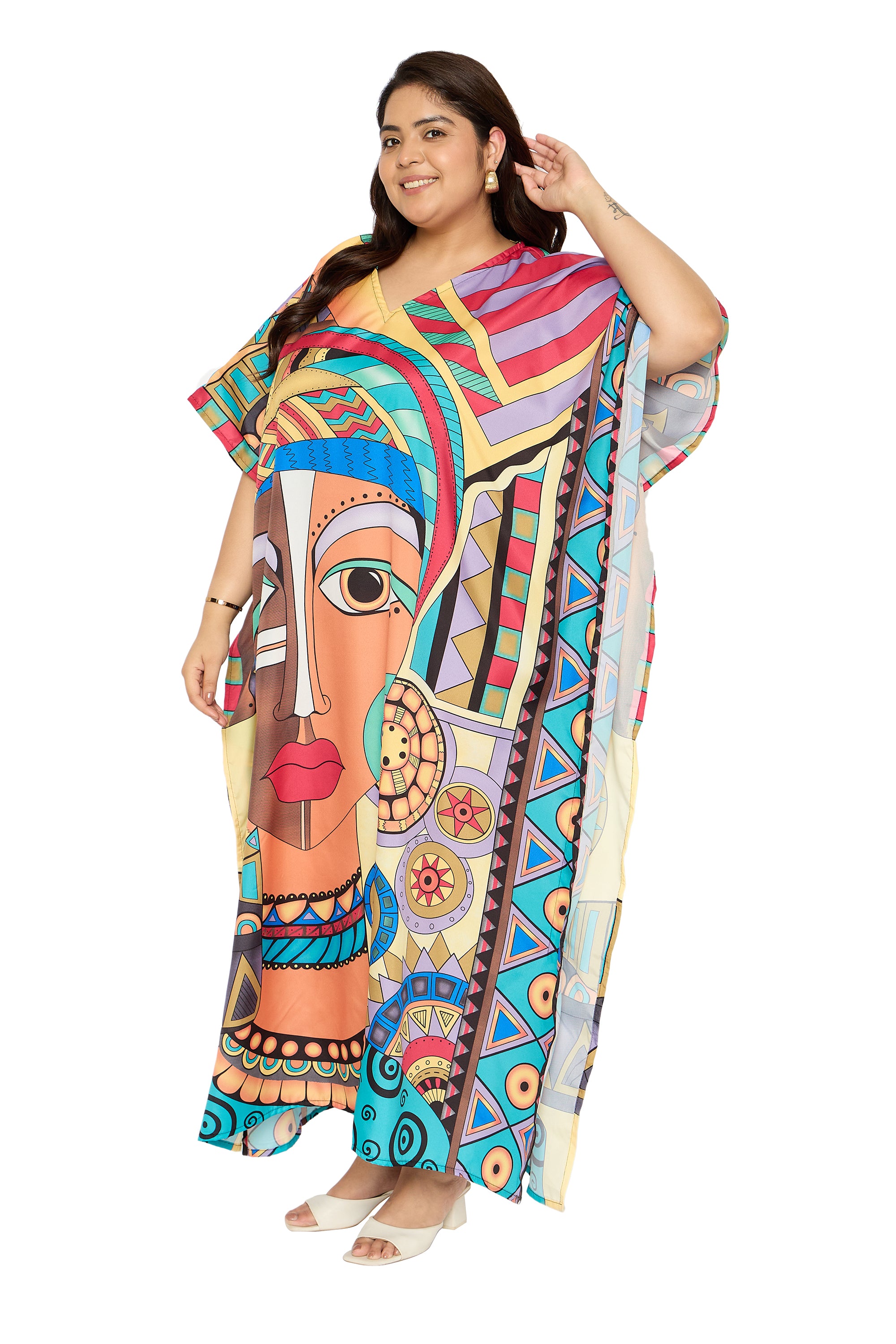 Tribal Multicolor Polyester Plus Size Loungewear Kaftan for Women