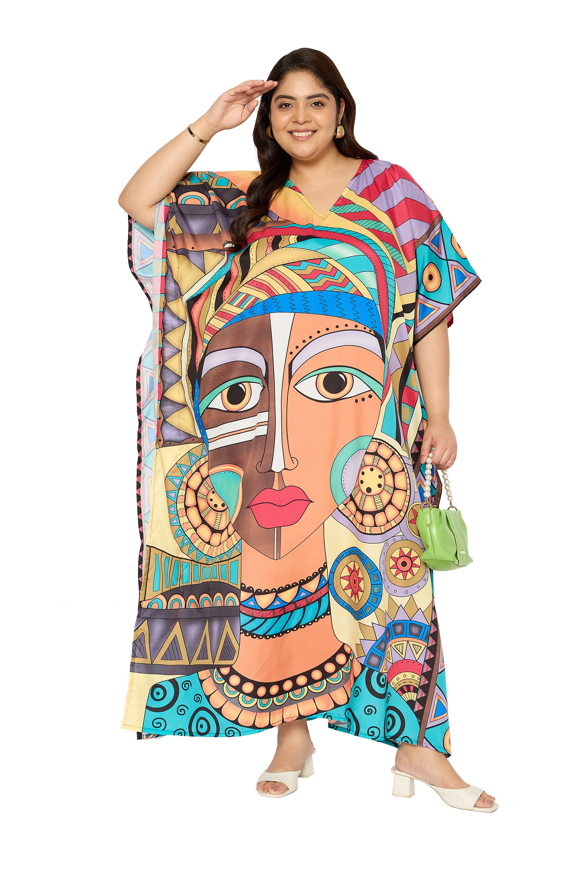 Tribal Multicolor Polyester Plus Size Loungewear Kaftan for Women