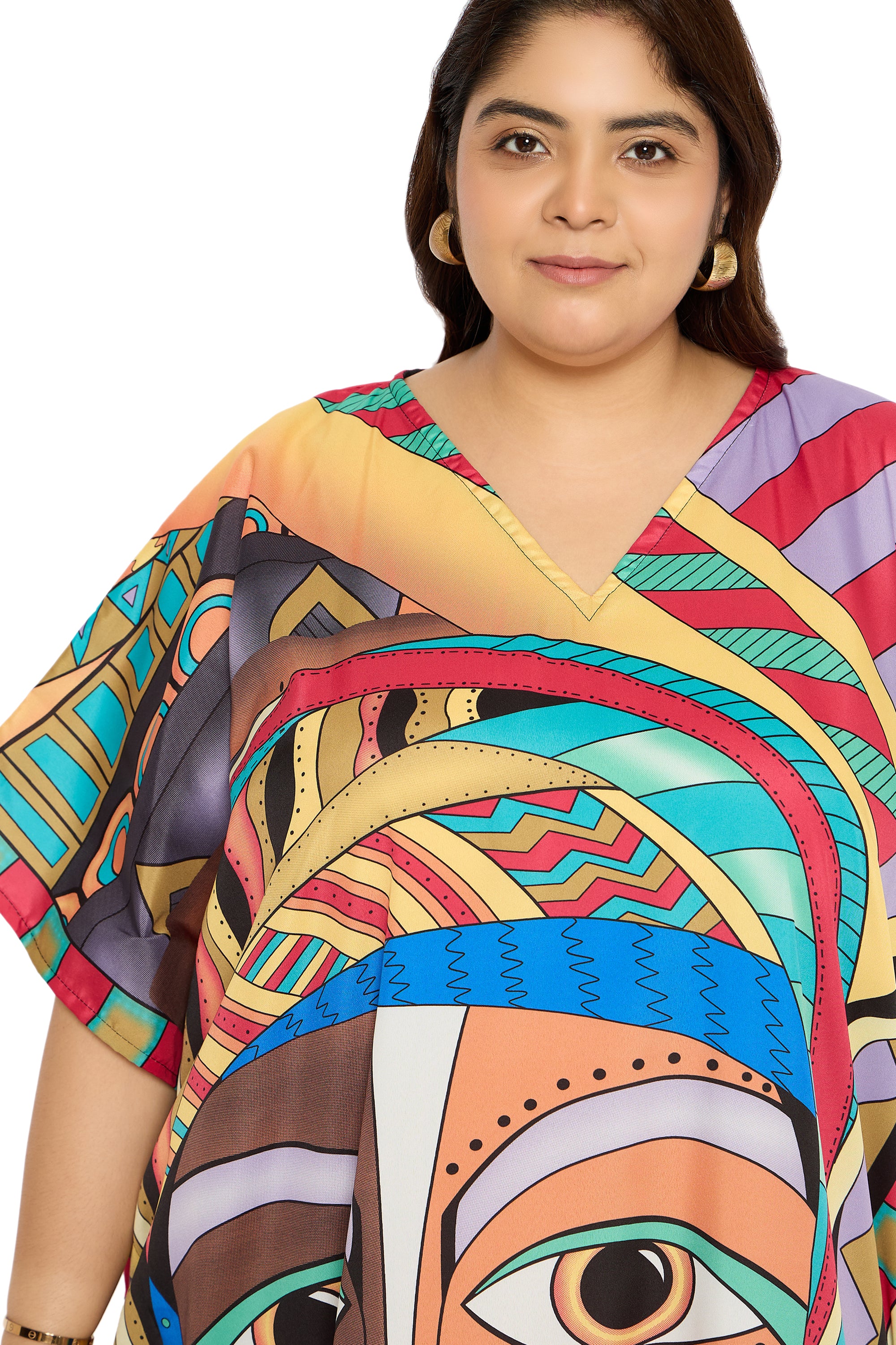 Tribal Multicolor Polyester Plus Size Loungewear Kaftan for Women