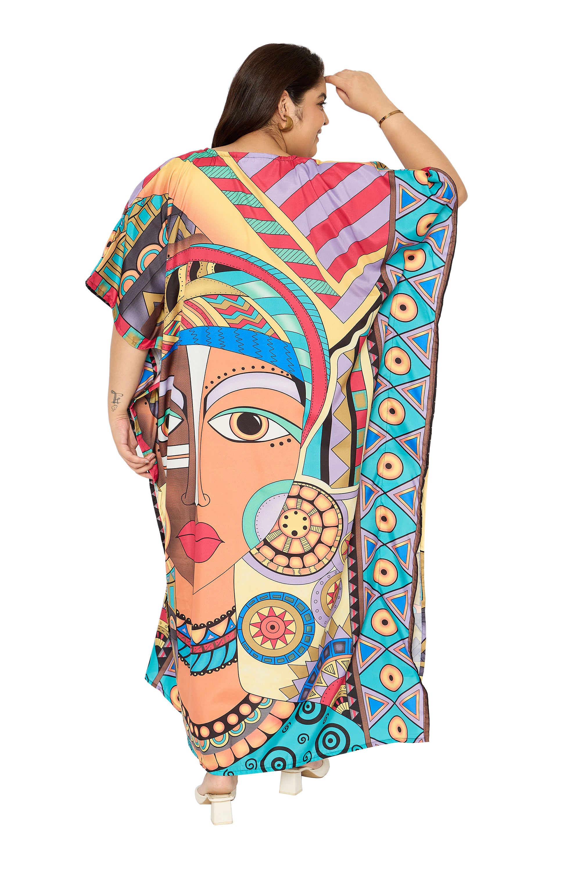 Tribal Multicolor Polyester Plus Size Loungewear Kaftan for Women