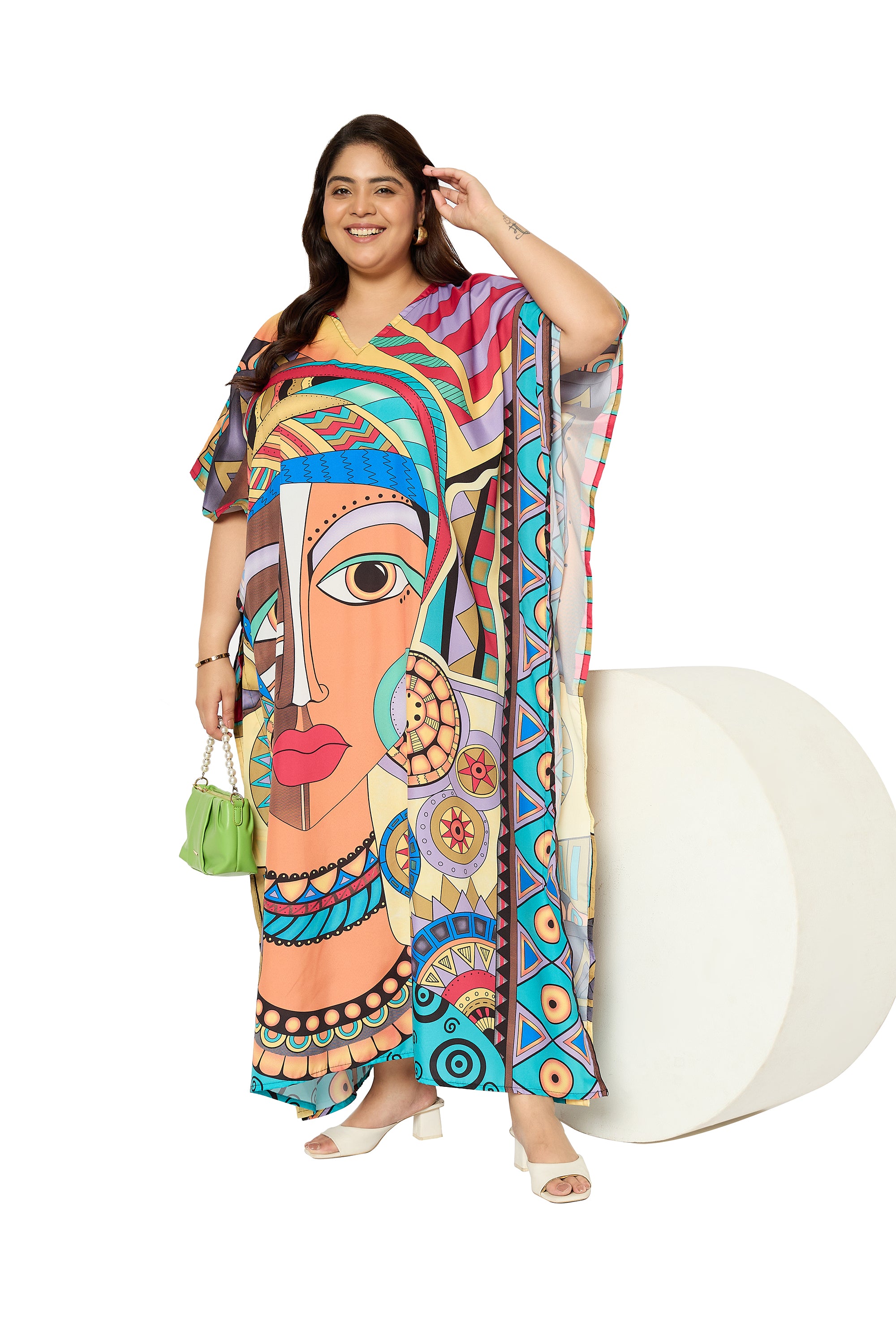 Tribal Multicolor Polyester Plus Size Loungewear Kaftan for Women