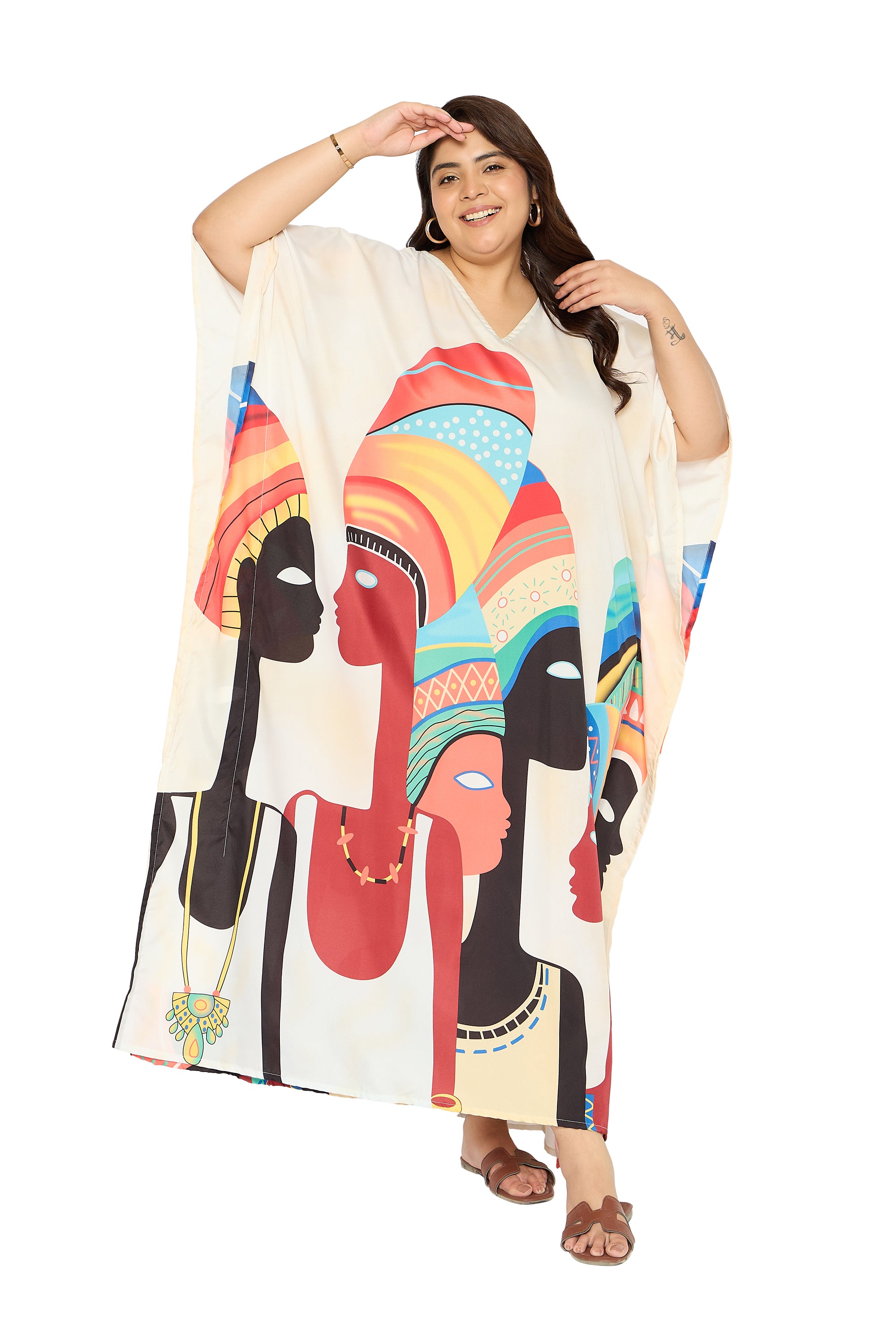 Lady Tribal Cream Polyester Kaftan Dress for Women