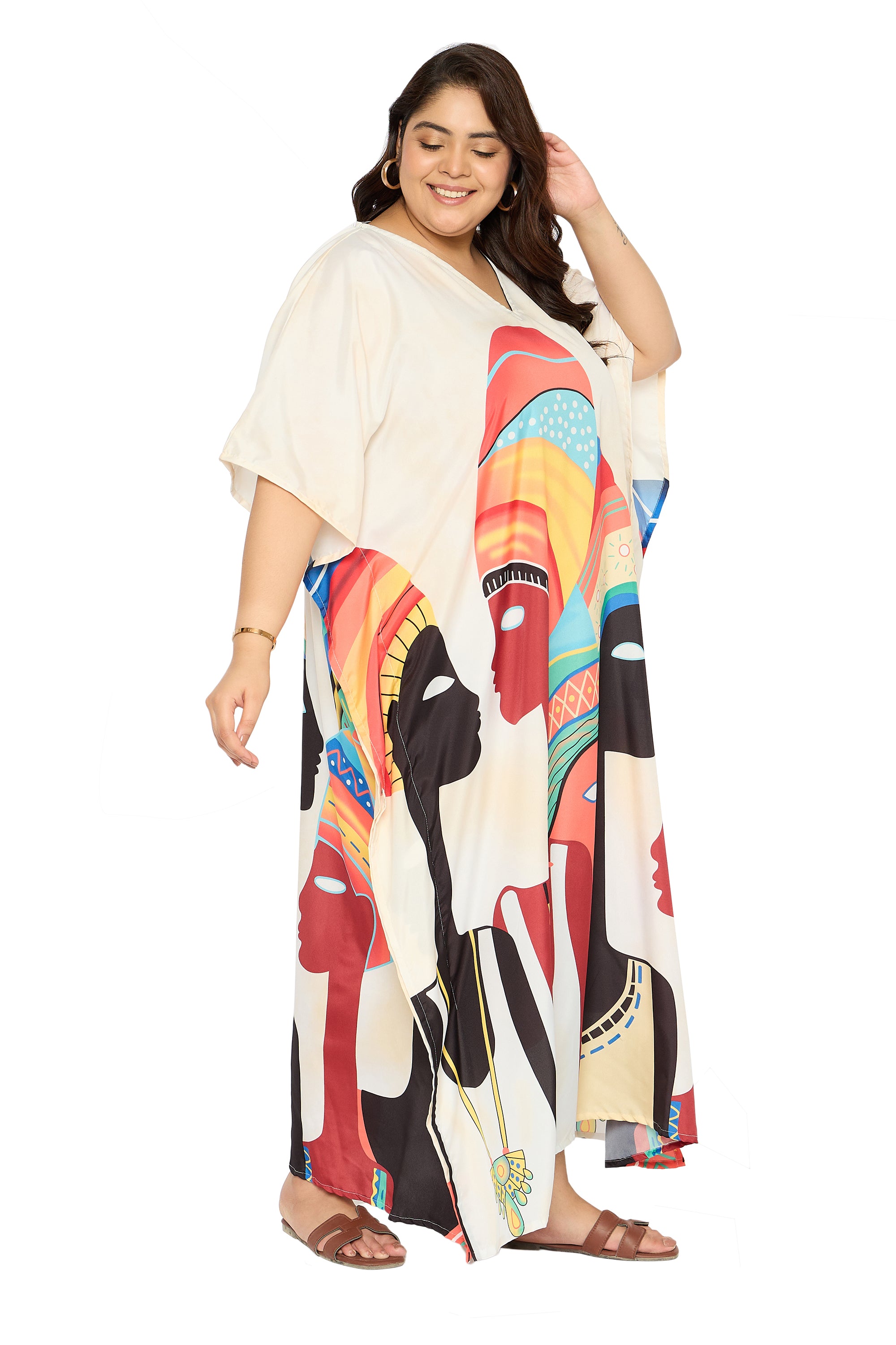 Lady Tribal Cream Polyester Kaftan Dress for Women