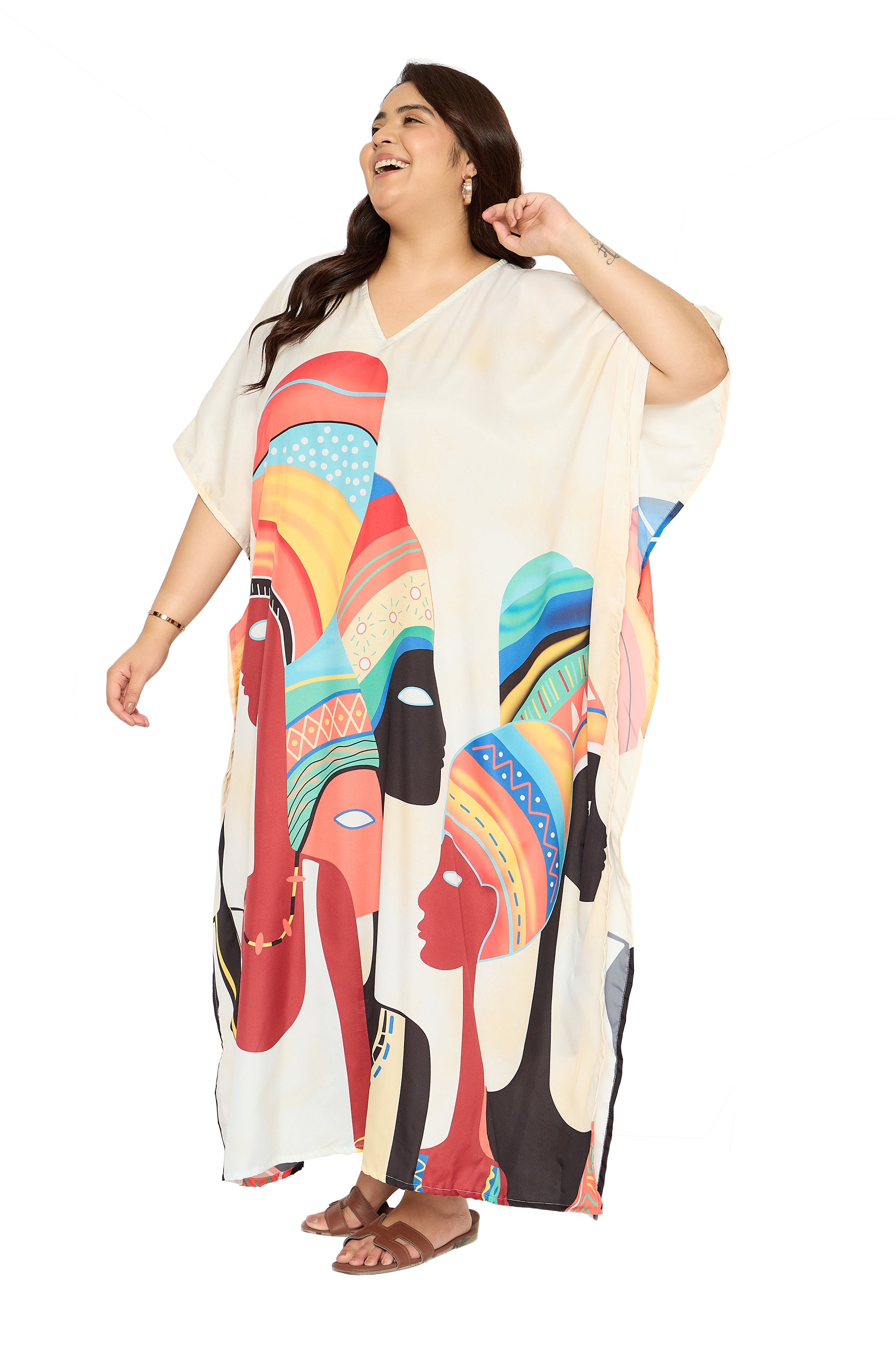 Lady Tribal Cream Polyester Kaftan Dress for Women