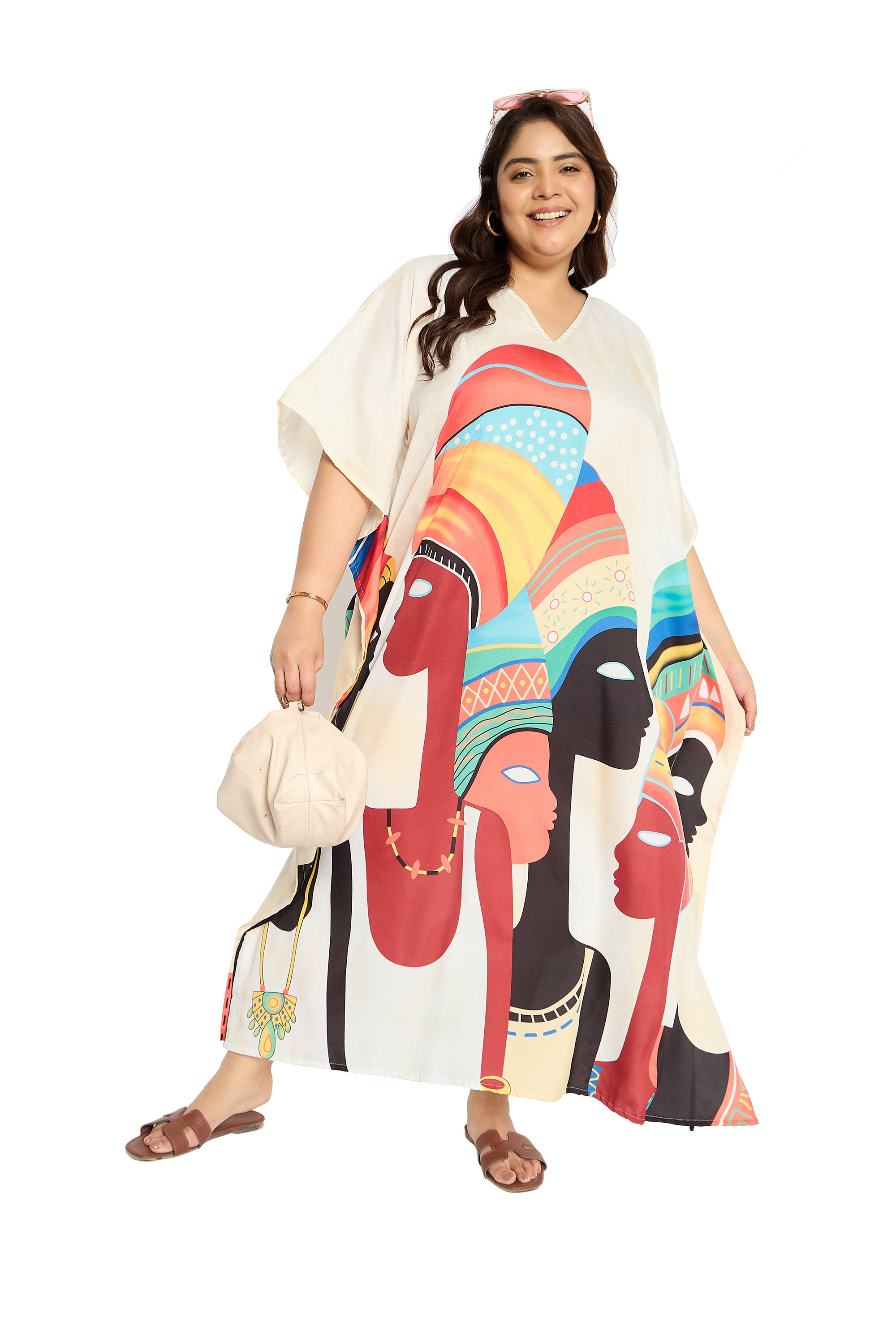 Lady Tribal Cream Polyester Kaftan Dress for Women