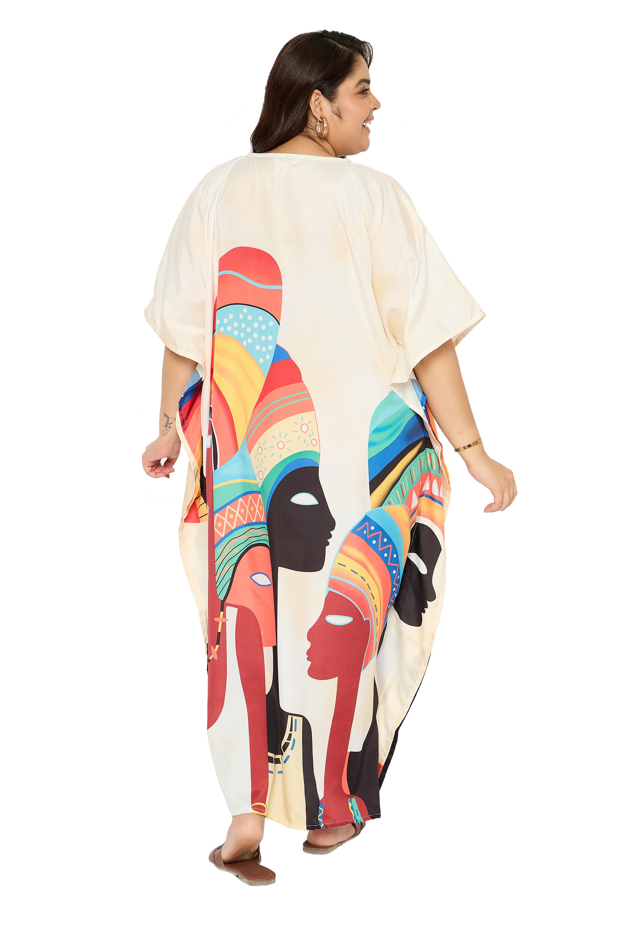 Lady Tribal Cream Polyester Kaftan Dress for Women