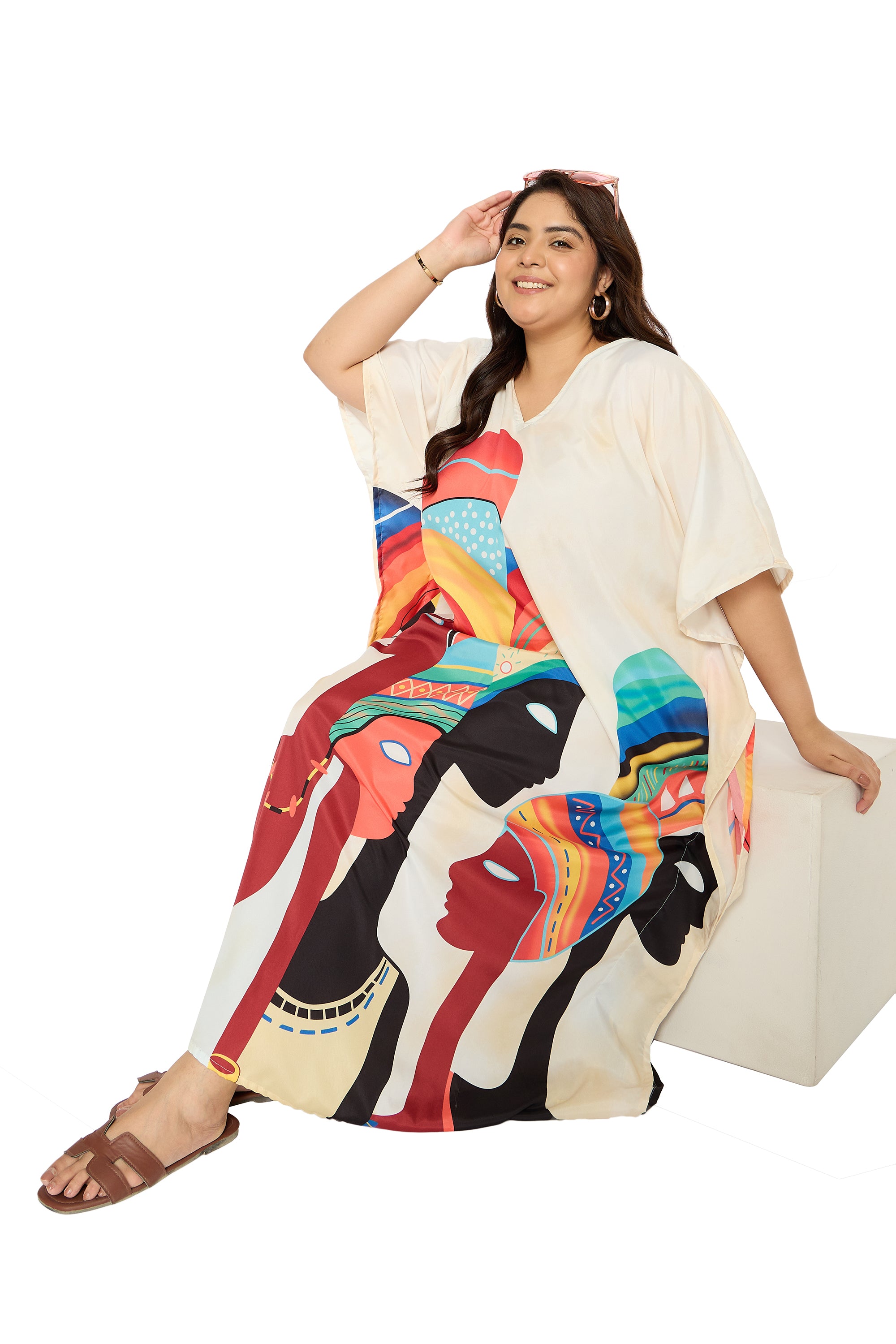 Lady Tribal Cream Polyester Kaftan Dress for Women