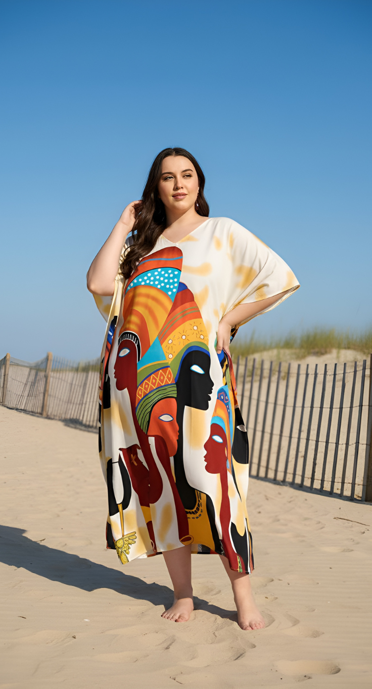 Lady Tribal Cream Polyester Kaftan Dress for Women