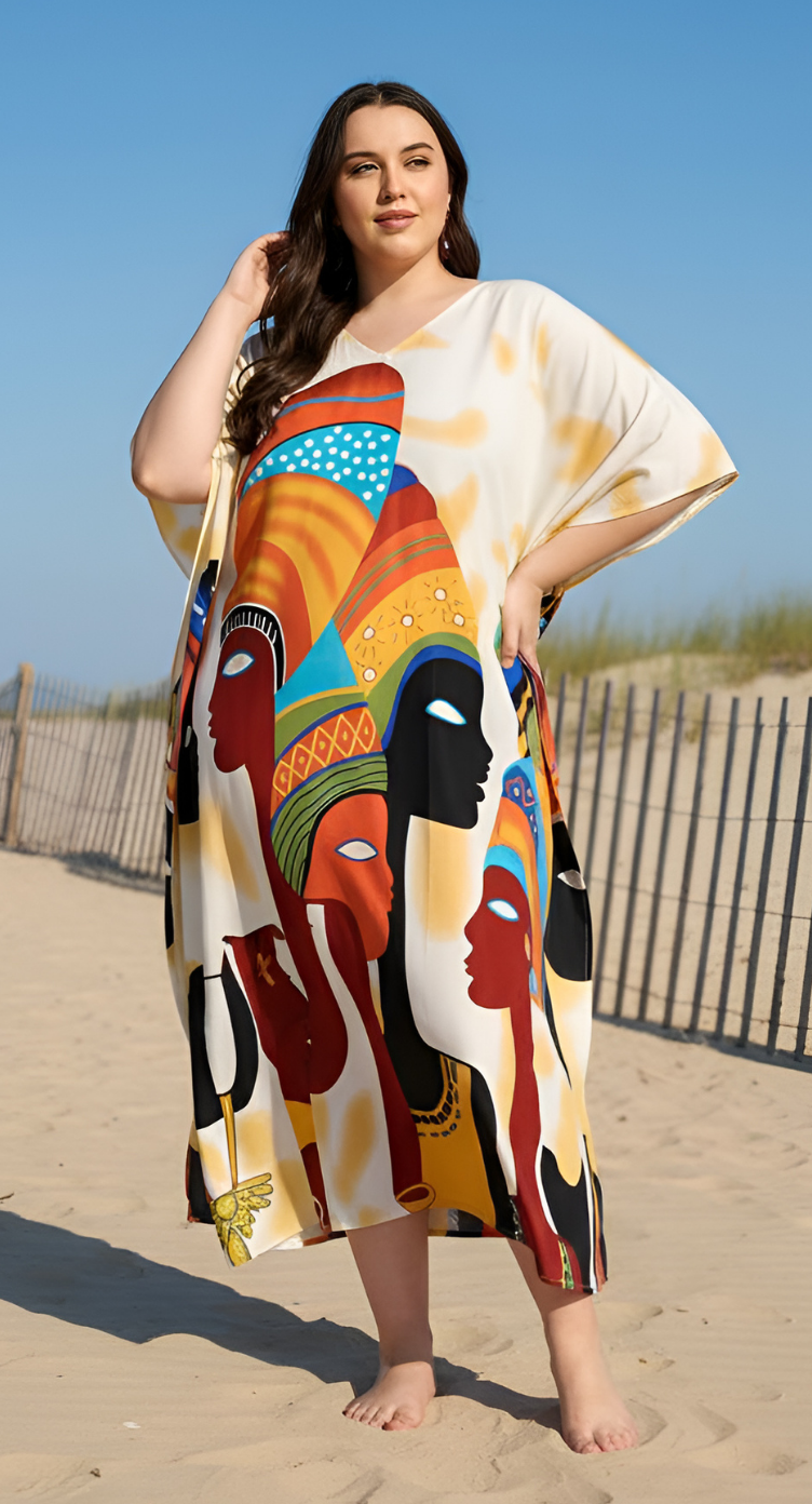 GypsieBlu Cream Polyester Plus Size Kaftan for Women Kimono Sleeve 1X-3X - African Silhouette Portrait Print