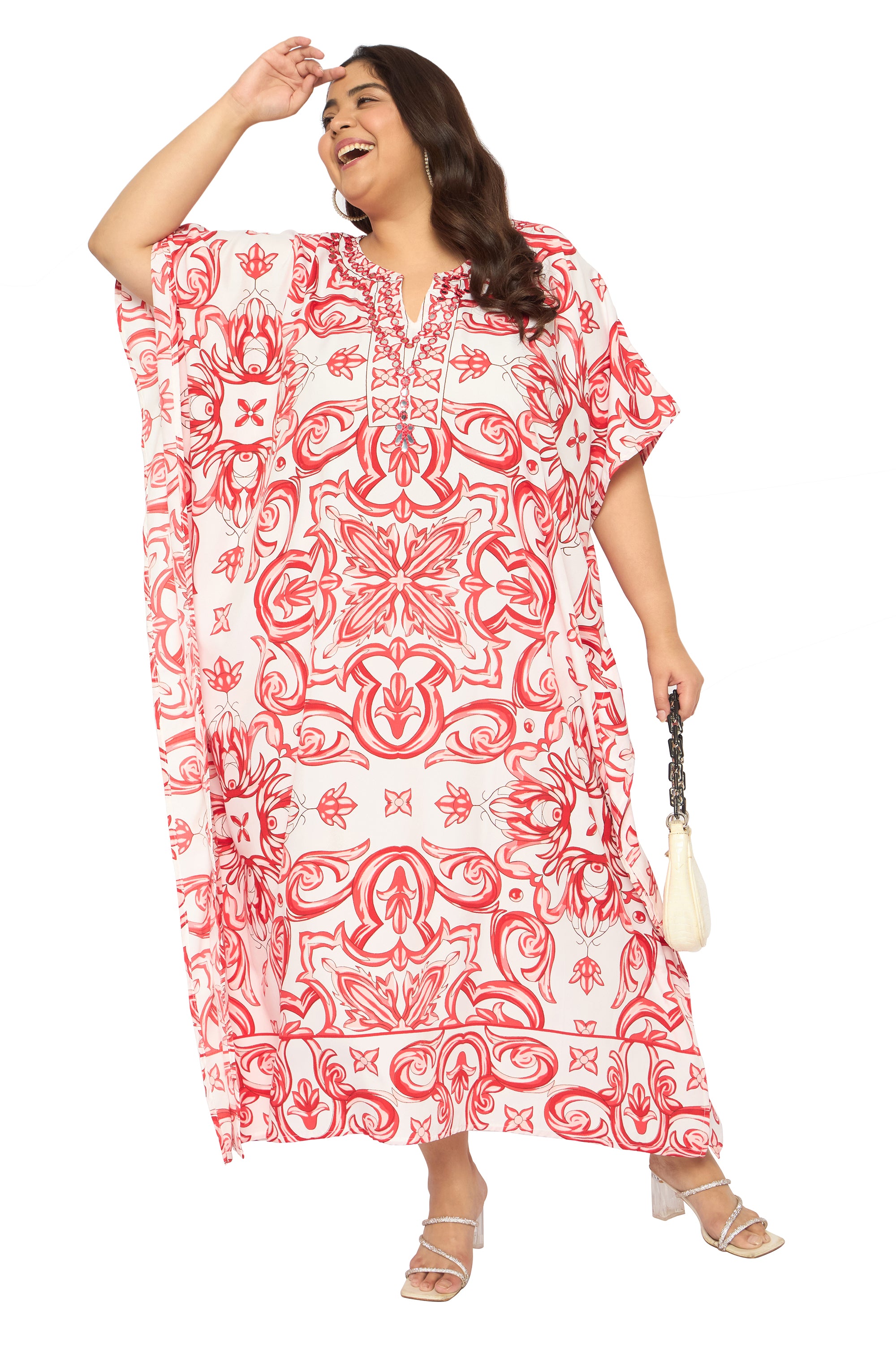 Porcelain White & Red Polyester Plus Size Beach Coverup For Women