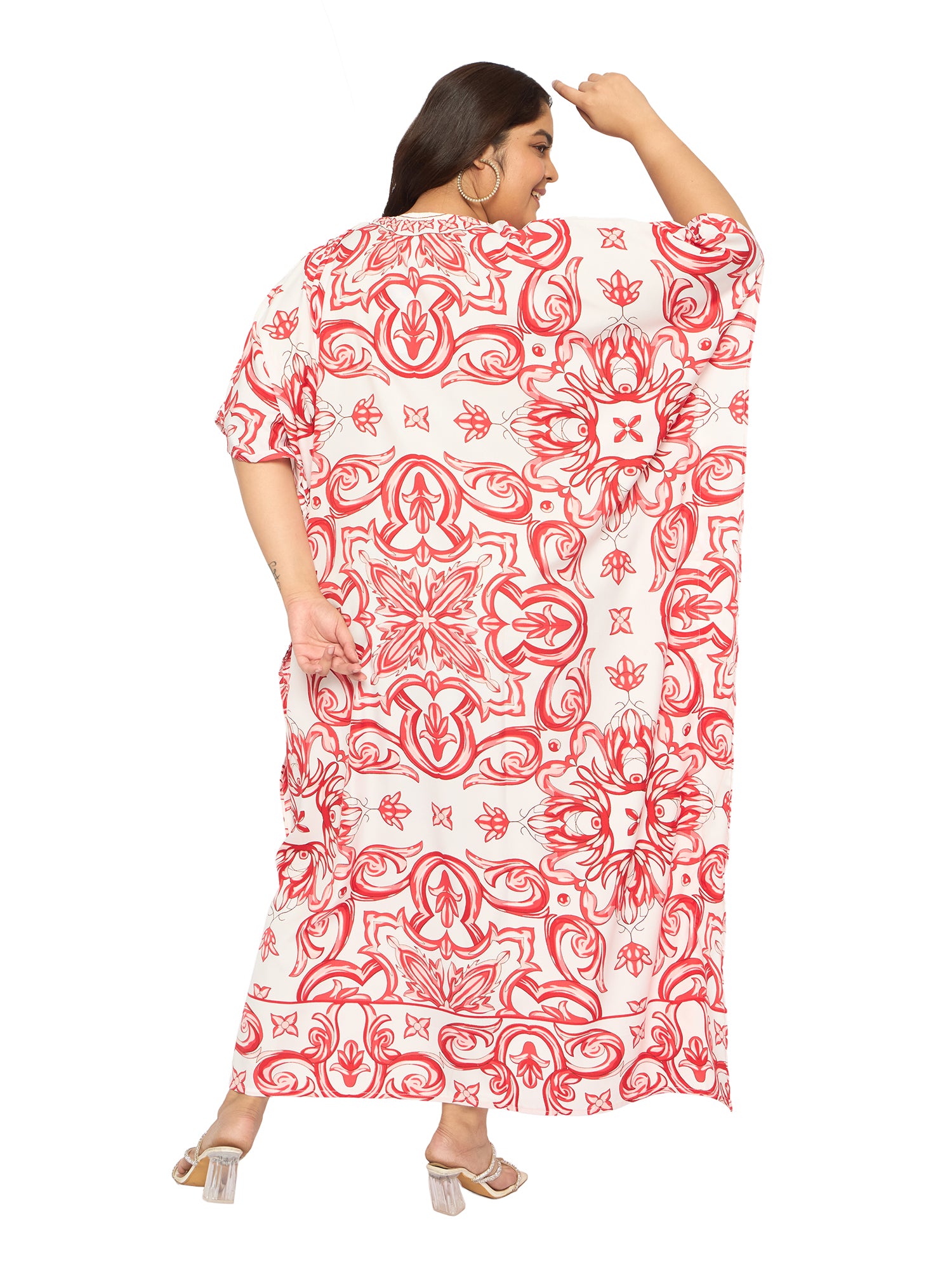 Porcelain White & Red Polyester Plus Size Beach Coverup For Women